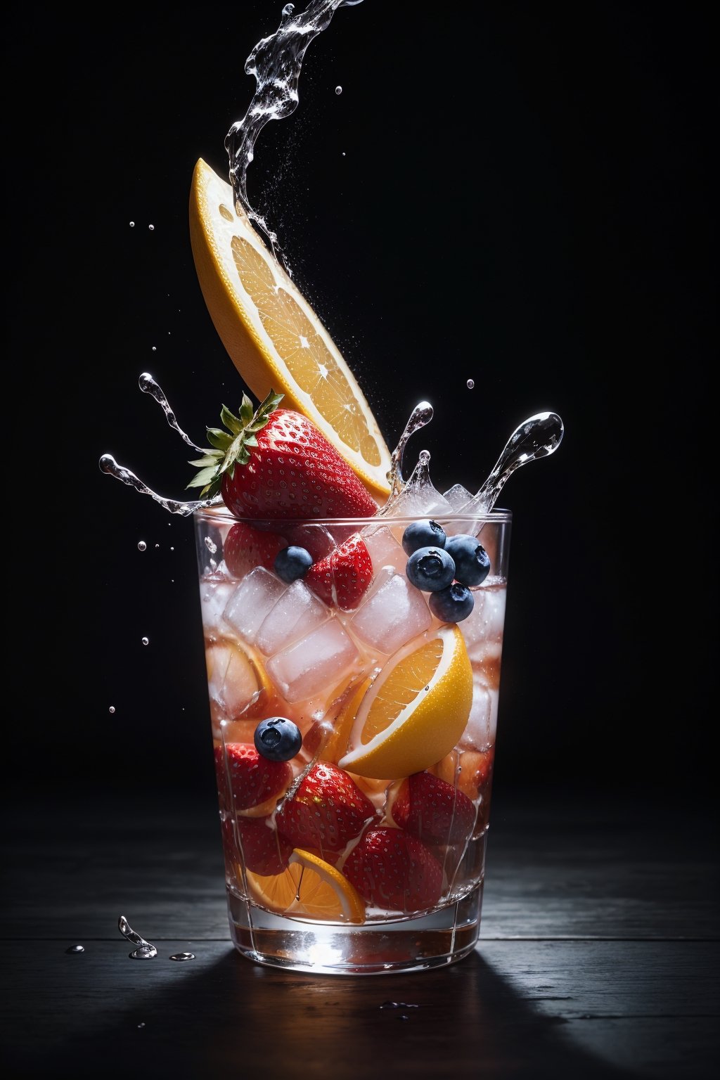of a studio shot of a a glass of water with strawberries,  oranges and blueberries in it,  splash image on Tensor.Art