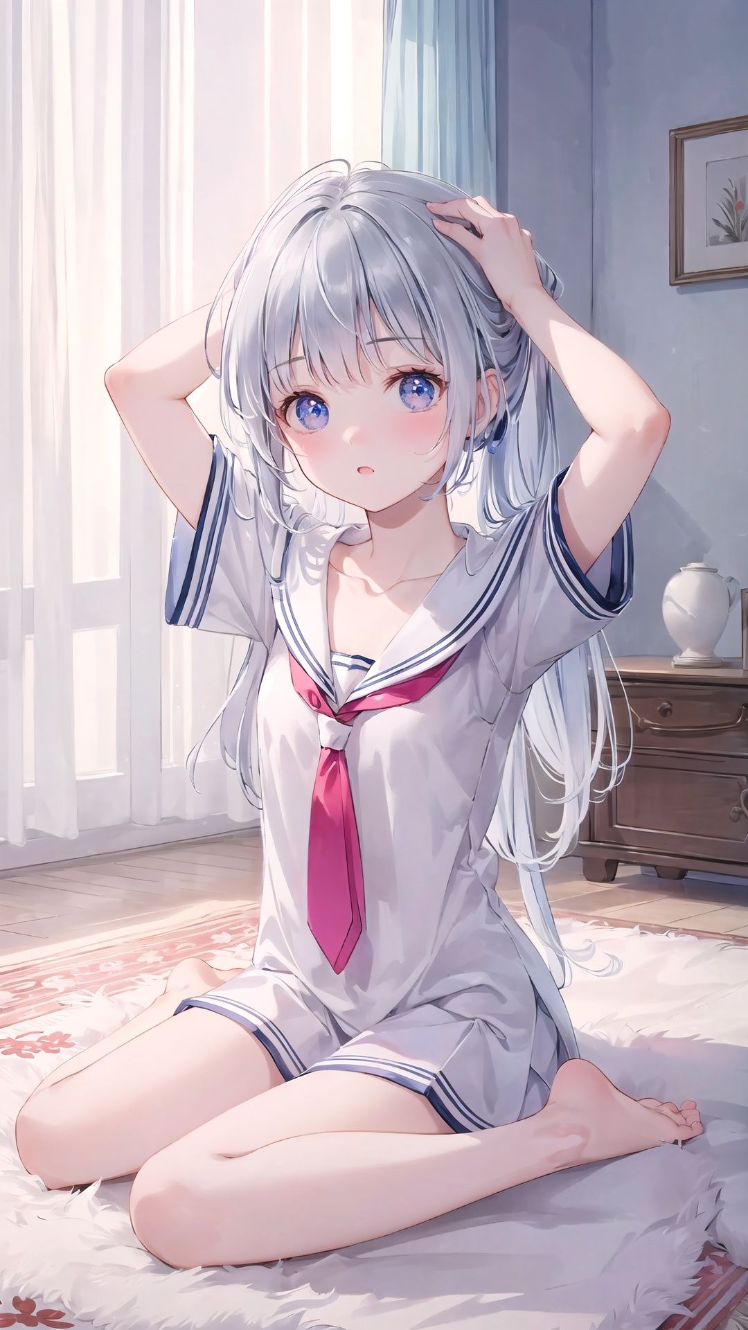 finely detail,Depth of field,(((masterpiece))),((extremely detailed CG unity 8k wallpaper)),best quality,high resolution illustration,Amazing,intricate detail,(best illumination, best shadow, an extremely delicate and beautiful),dramatic angle,
hdr,1girl,young,long_hair,silver_hair,serafuku,white_shirt,arms_up,small_breasts,short_sleeves,solo,hands in hair,Sitting on the carpet,necktie,bare legs,barefoot,clavicle,
noon,Modernist style architecture,window,White curtains,bedroom,white carpet,ipad,****