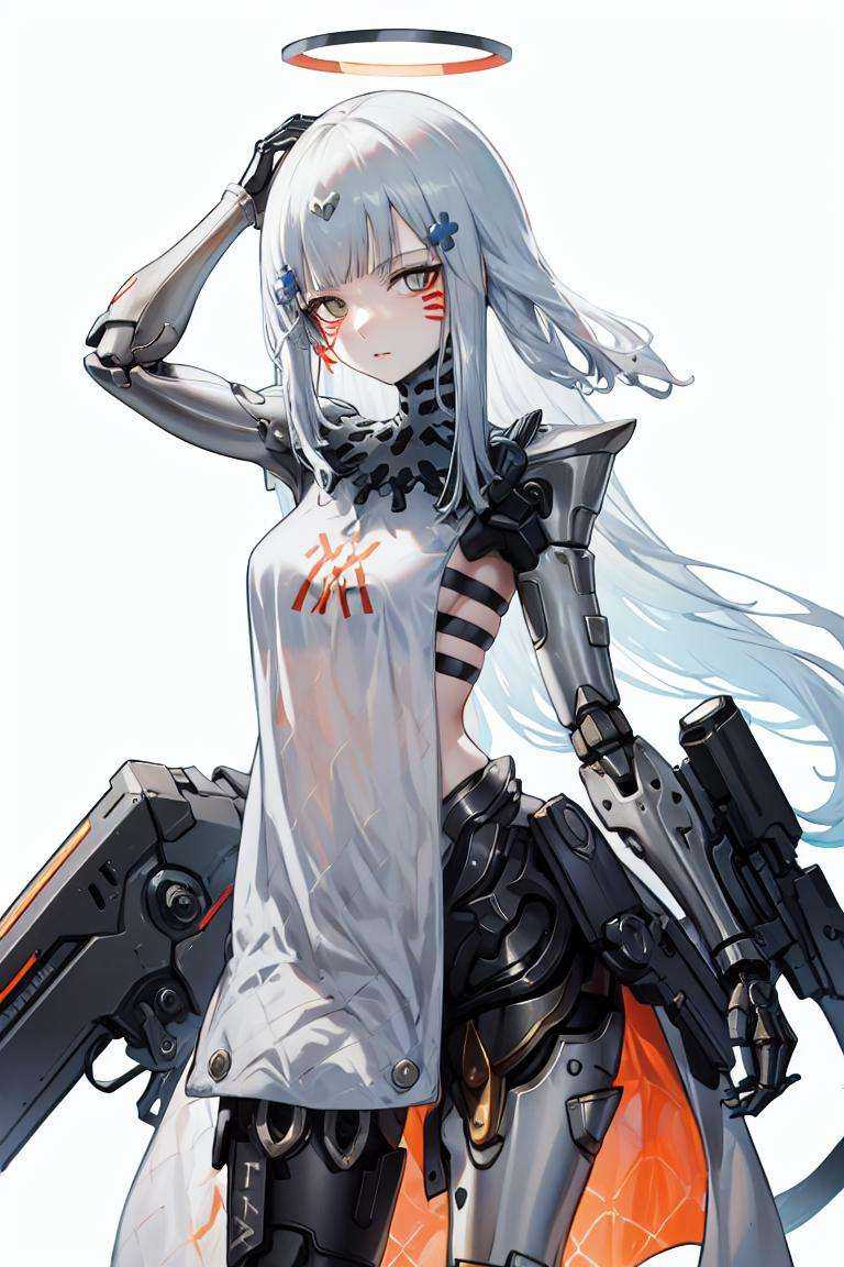 nitorization, 1girl, solo, halo,cowboy shot,white background,  looking at viewer,hands on own head,white dress,mechanical legs, long hair ,facial mark,<lora:nitorization-000004:1> <lora:char-hk416:1>