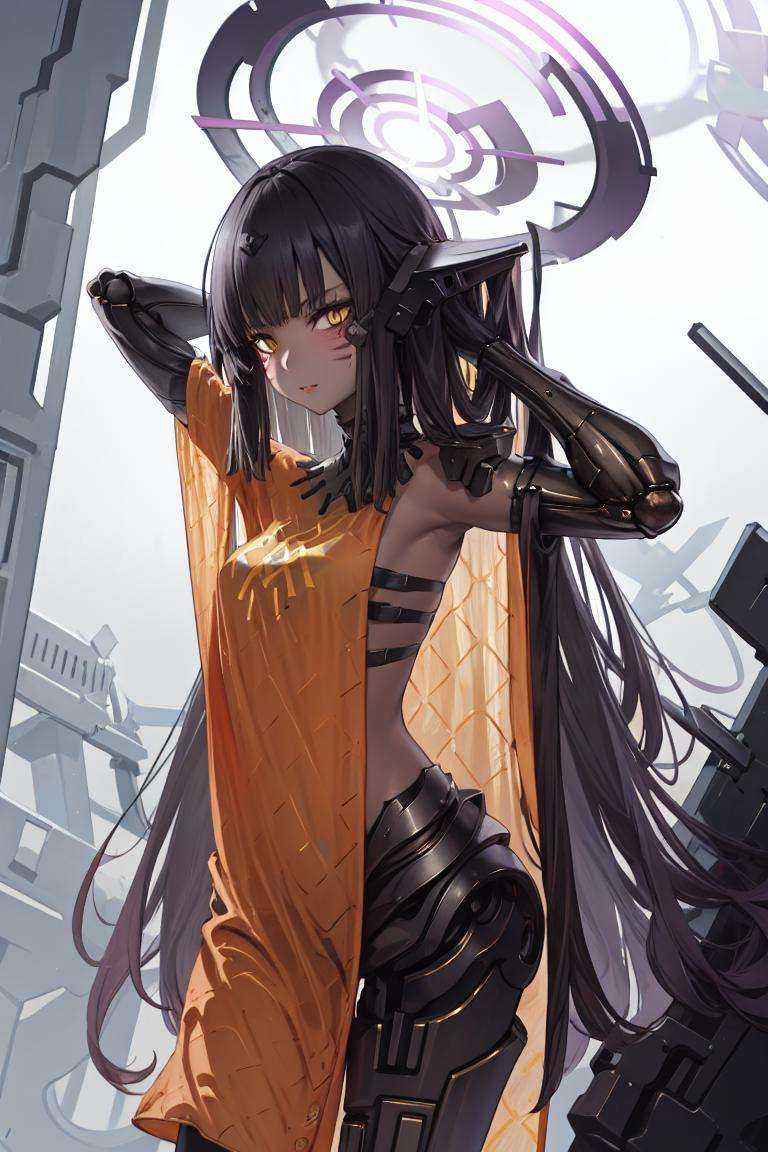 nitorization, 1girl, solo, halo,cowboy shot, looking at viewer,hands on own head,yellow dress,mechanical legs, long hair ,dark_skin, facial mark,<lora:nitorization-000006:1> <lora:char-karin:1>