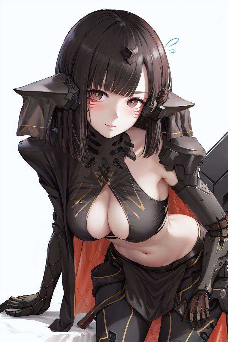 nitorization, 1girl, black hair, brown eyes, blush, closed_mouth, flying_sweatdrops, white_background, head_tilt, leaning_forward, looking_at_viewer, navel, shirt_grab, solo, white_background, no_eyepatch, mechanical_arms, mechanical_legs <lora:nitorization-000006:1> <lora:char-koharu:0>  <lora:nitorization-V2:0>