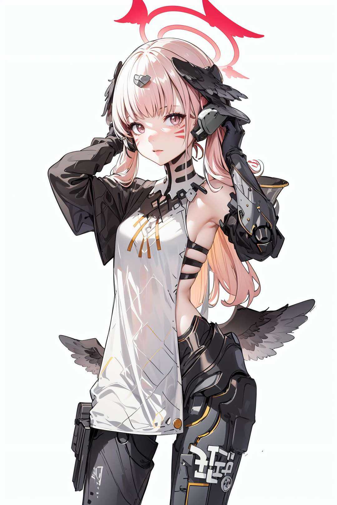 nitorization, 1girl, solo, halo,cowboy shot,white background,  looking at viewer,hands on own head,white dress,mechanical legs, long hair ,facial mark,<lora:nitorization-000006:1> <lora:char-koharu:1>