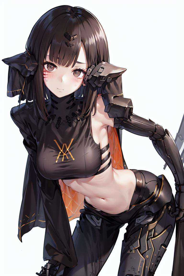 nitorization, 1girl, black hair, brown eyes, blush, closed_mouth, flying_sweatdrops, white_background, head_tilt, leaning_forward, looking_at_viewer, navel, shirt_grab, solo, white_background, no_eyepatch, mechanical_arms, mechanical_legs <lora:nitorization-000006:1> <lora:char-koharu:0>  <lora:nitorization-V2:0>