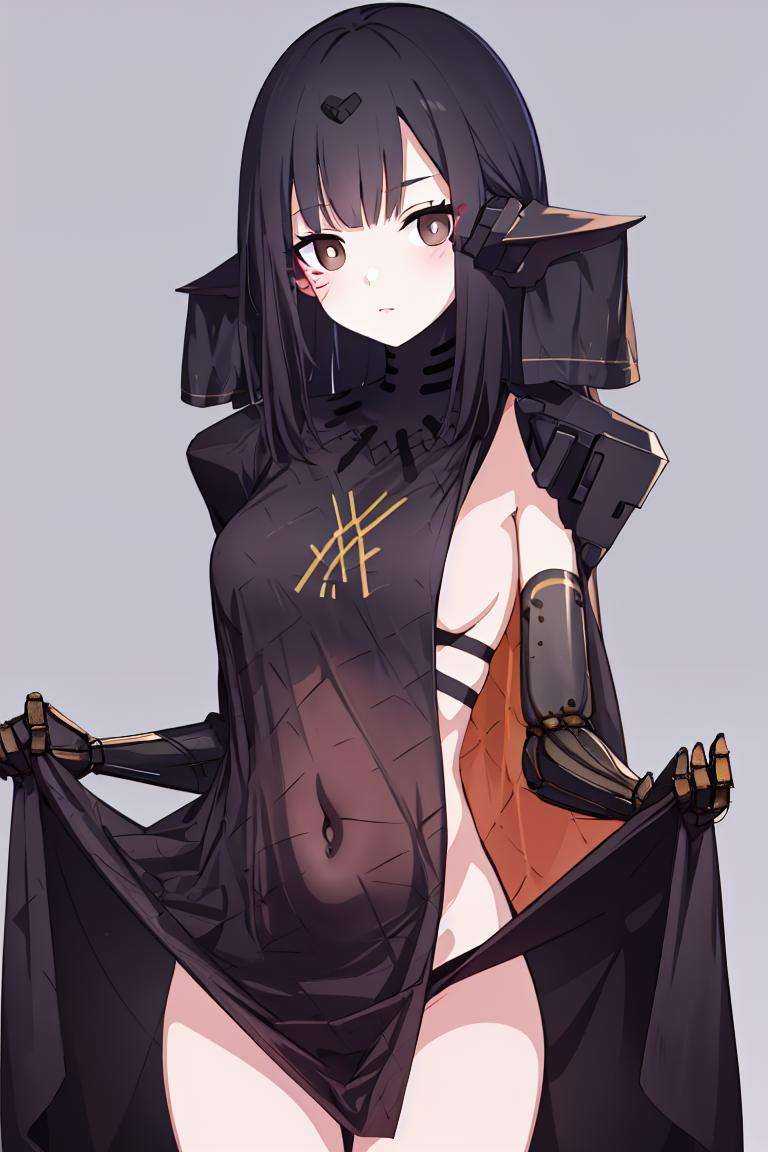 nitorization, 1girl, black hair, brown eyes, bottomless,clothes_lift, dress_lift, expressionless, lifted_by_self, looking_at_viewer, mechanical_arms, navel, solo, no_eyepatch <lora:nitorization-000006:1> 