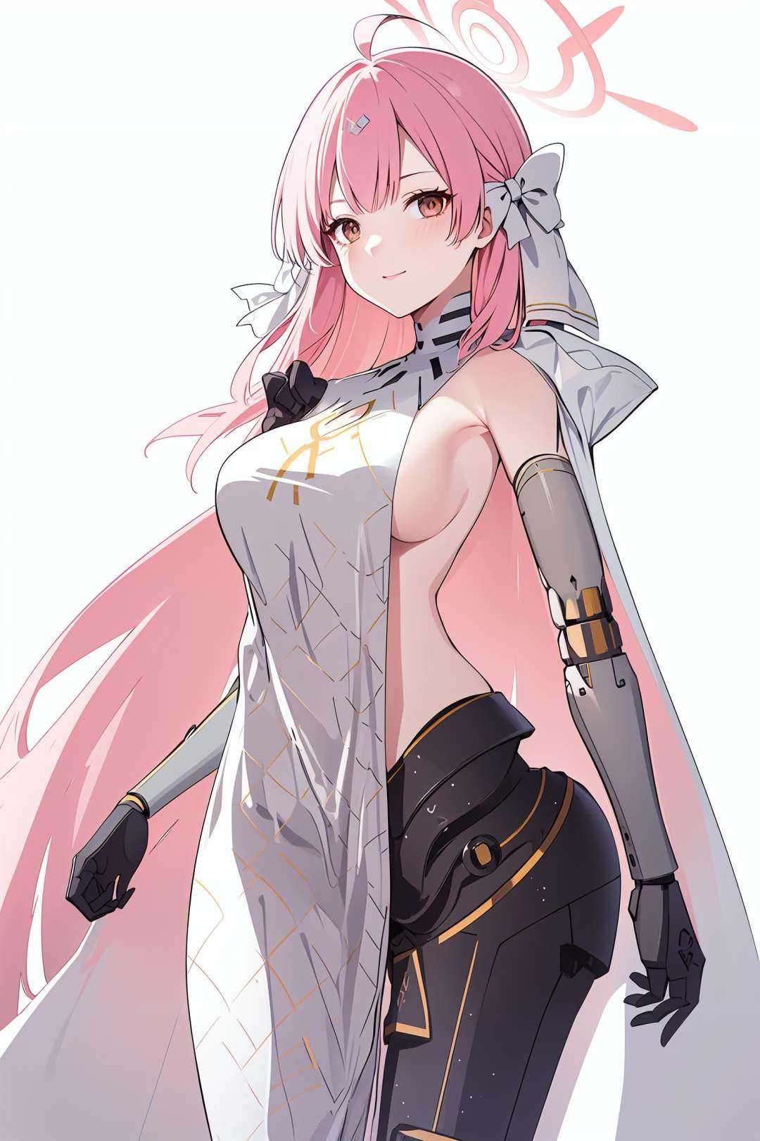 nitorization, 1girl, pink hair, brown eyes,halo,nitorization,  armpits, cowboy_shot, white background, mechanical_arms, mechanical_legs, sideboob, from_below