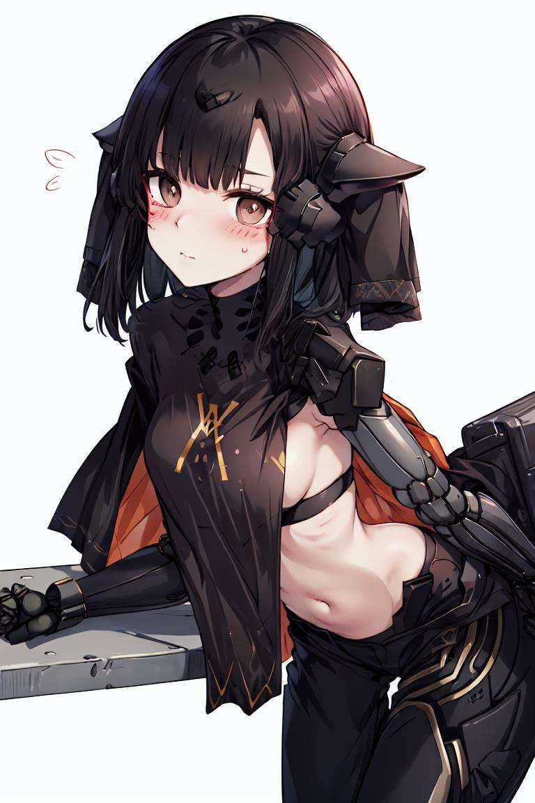 nitorization, 1girl, black hair, brown eyes, blush, closed_mouth, flying_sweatdrops, white_background, head_tilt, leaning_forward, looking_at_viewer, navel, pants, shirt_grab, solo, white_background, no_eyepatch, mechanical_arms, mechanical_legs <lora:nitorization-000006:1> <lora:char-koharu:0>  <lora:nitorization-V2:0>
