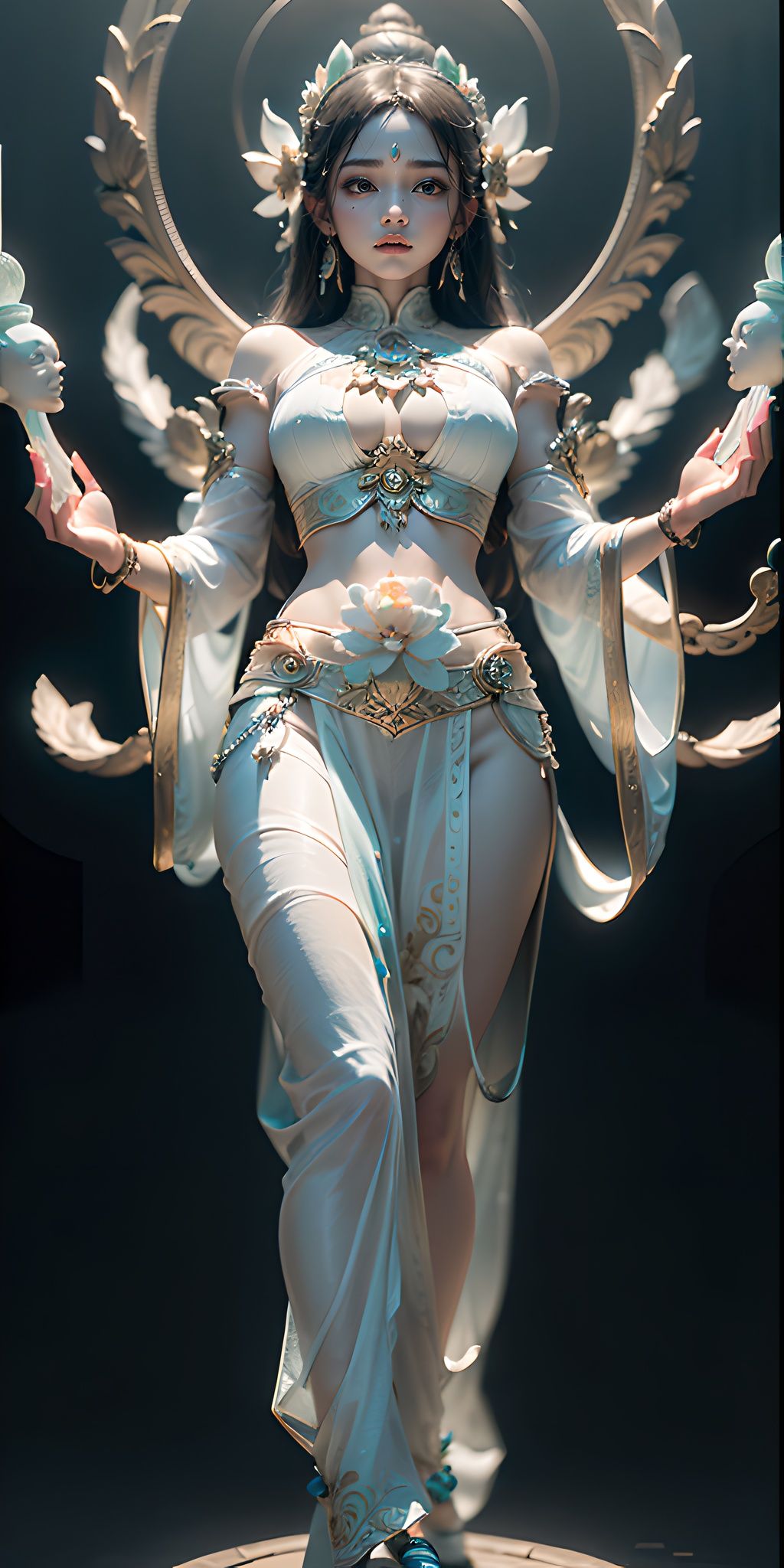 Best quality, masterpiece, photography, details, super details, octane rendering, contrast between light and dark, jade carved girl, open eyes, solo, full body, dynamic posture, (meditation) features, carefully carved face, behind a huge illusion