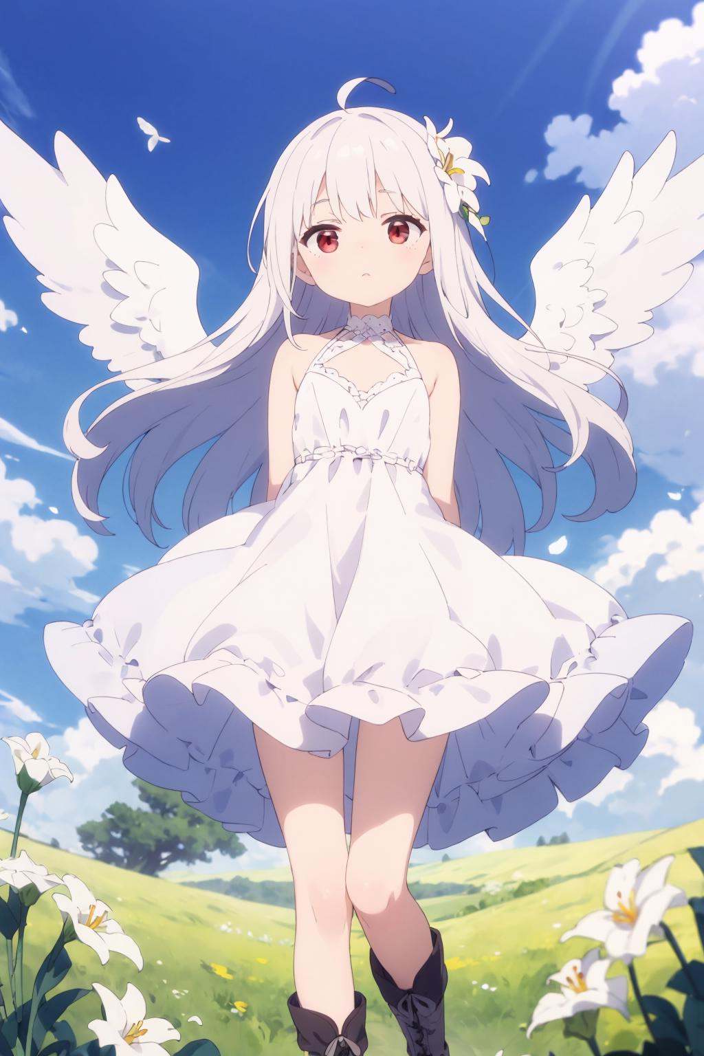 albino angel stands before you. Her long,  flowing hair is pure white and cascades down her back in soft waves. Her round,...