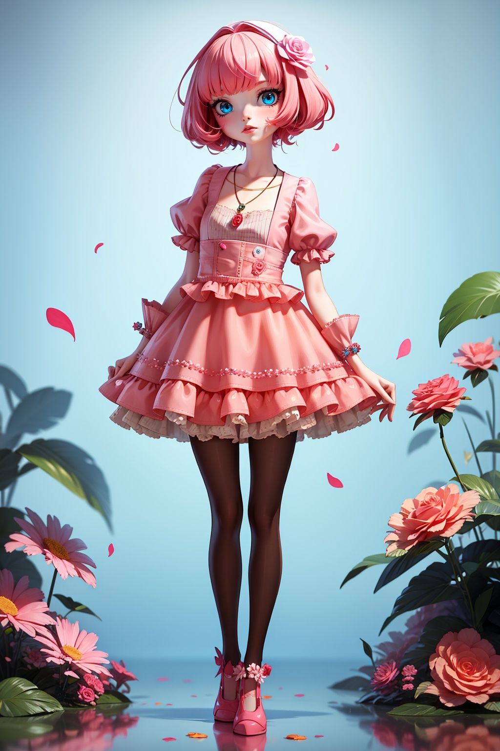 <lora:tifa_20230927100217:0.9>,LU,1girl,pink hair,blue eyes,flower,solo,dress,short hair,necklace,jewelry,rose,standing,pantyhose,full body,bird,feathers,