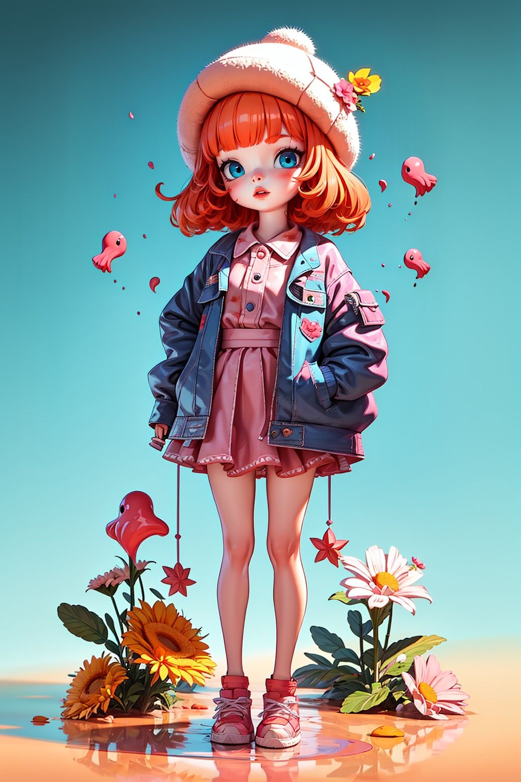 <lora:tifa_20230927100217:0.9>,LU,1girl,blue eyes,hat,solo,skirt,jacket,full body,standing,blood,pink skirt,flower,bird,parted lips,shoes,shirt,bangs,orange hair,long sleeves,<lora:tifa_20230927094144:0.7>,