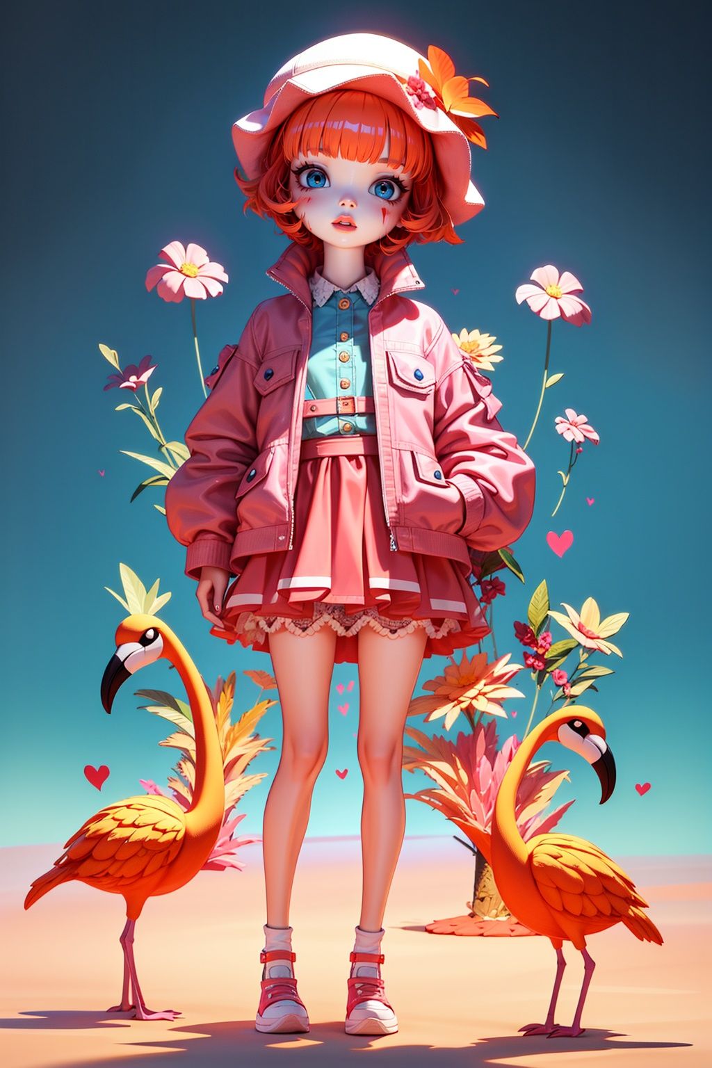 <lora:tifa_20230927100217:0.9>,LU,1girl,blue eyes,hat,solo,skirt,jacket,full body,standing,blood,pink skirt,flower,bird,parted lips,shoes,shirt,bangs,orange hair,long sleeves,