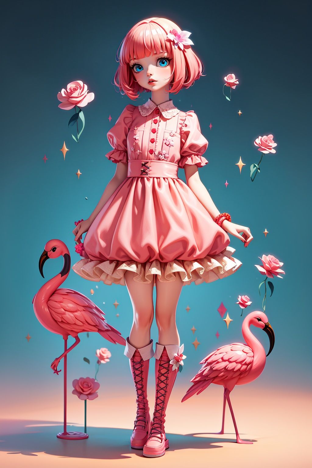 <lora:tifa_20230927100217:0.9>,LU,1girl,solo,bird,flower,standing,full body,dress,boots,lips,blunt bangs,short hair,blue eyes,bangs,short sleeves,jewelry,cross-laced footwear,sparkle,pink footwear,pink theme,hair ornament,gradient,
