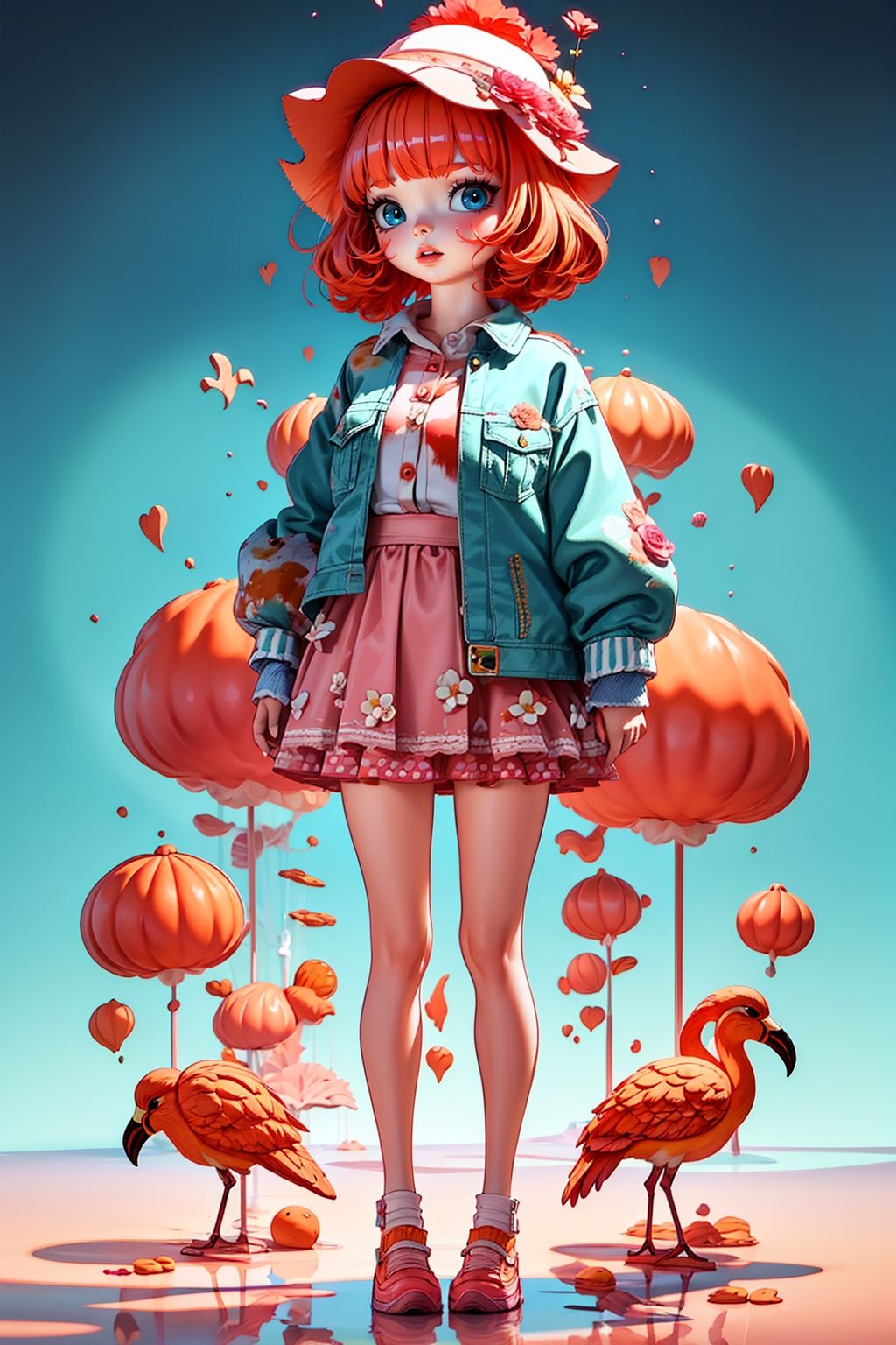 <lora:tifa_20230927100217:0.9>,LU,1girl,blue eyes,hat,solo,skirt,jacket,full body,standing,blood,pink skirt,flower,bird,parted lips,shoes,shirt,bangs,orange hair,long sleeves,<lora:tifa_20230927094144:0.7>,