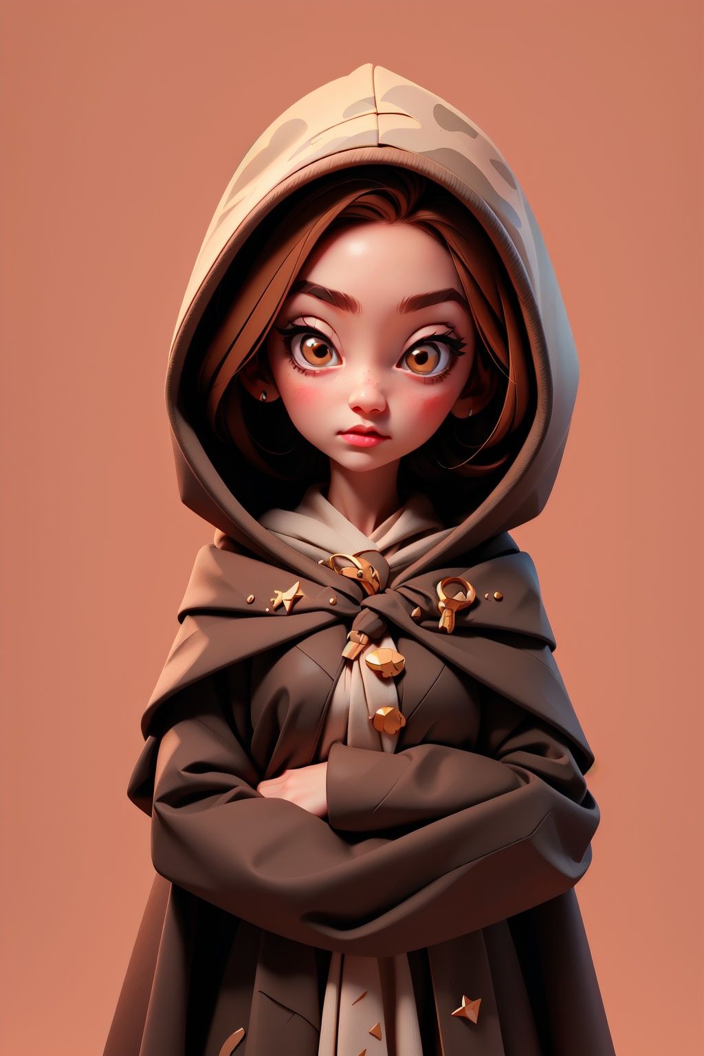 1girl,hood,blush,brown hair,brown eyes,hood up,no pupils,chibi,ghost,long sleeves,cloak,short hair,