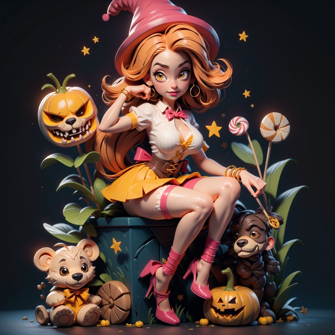  masterpiece, best quality, hat,witch hat,1girl, thighhighs, candy, food, blonde hair, high heels, striped, jack-o'-lantern, yellow eyes, double bun, bow, looking at viewer, bowtie, solo, stuffed toy, breasts, halloween, hair bun, stuffed animal, candy cane, striped thighhighs, teddy bear, pumpkin, shirt, puffy sleeves, star (symbol), white shirt, large breasts, lollipop, tongue, vertical stripes, tongue out, short hair, short sleeves, bangs, smile, skirt, :p, vertical-striped thighhighs, yellow bow, orange bow, lying, garter straps, puffy short sleeves, shoes, watch, bracelet, sitting, legs up, corset, hair between eyes, lips, shorts, glowing, cup, indoors, underbust, yellow bowtie, closed mouth, box, medium breasts, hair ornament