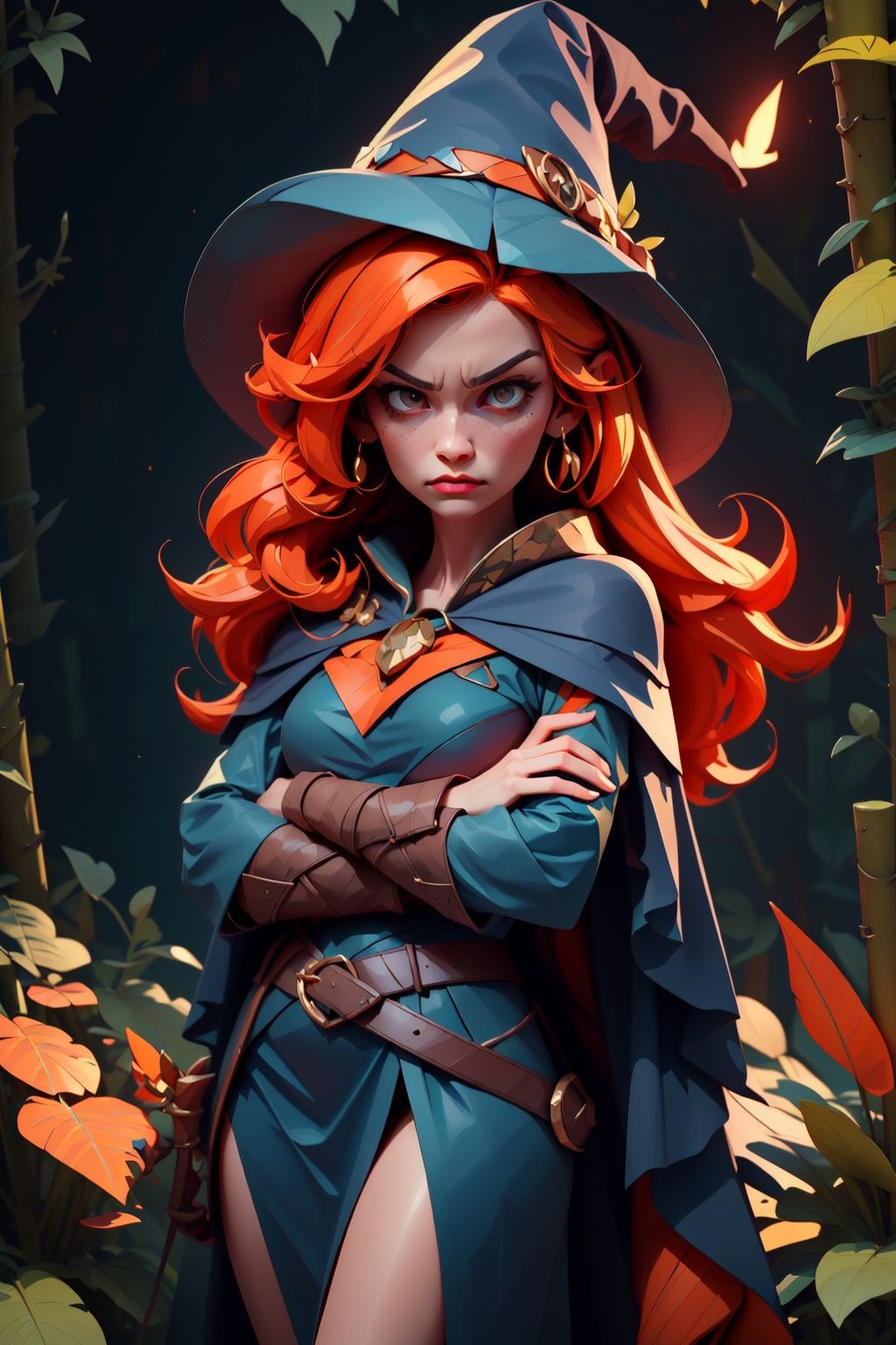 masterpiece,best quality,angry female witch in the forest  with arms crossed wearing a blue pointy hat and orange hair and a blue cape and blue cloak,