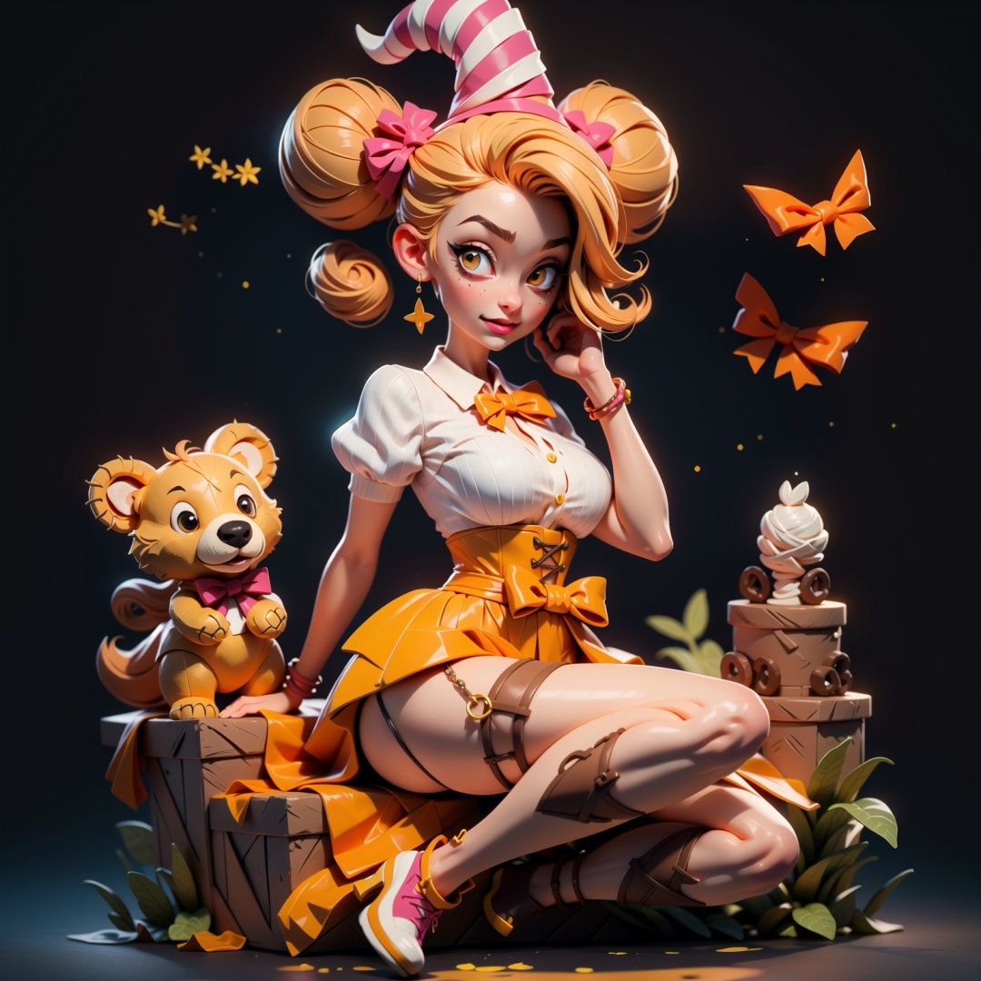  masterpiece, best quality, hat,witch hat,1girl, thighhighs, candy, food, blonde hair, high heels, striped, jack-o'-lantern, yellow eyes, double bun, bow, looking at viewer, bowtie, solo, stuffed toy, breasts, halloween, hair bun, stuffed animal, candy cane, striped thighhighs, teddy bear, pumpkin, shirt, puffy sleeves, star (symbol), white shirt, large breasts, lollipop, tongue, vertical stripes, tongue out, short hair, short sleeves, bangs, smile, skirt, :p, vertical-striped thighhighs, yellow bow, orange bow, lying, garter straps, puffy short sleeves, shoes, watch, bracelet, sitting, legs up, corset, hair between eyes, lips, shorts, glowing, cup, indoors, underbust, yellow bowtie, closed mouth, box, medium breasts, hair ornament