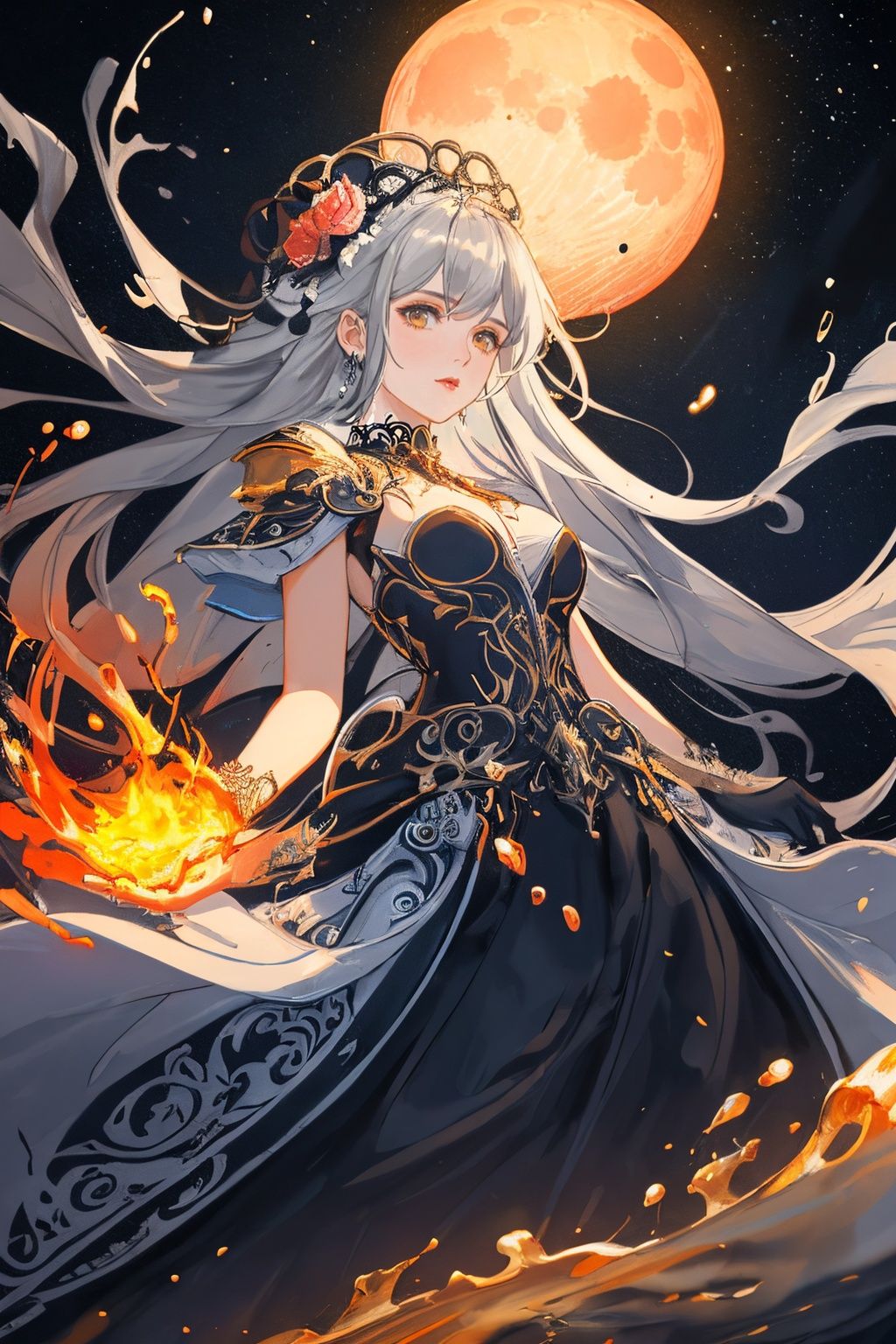 Jupiter, splash art, a close up liquid luminous moon lady made of colors, silver, red, orange, light yellow, grey golden, liquid fire peony flowers, filigree, filigree detailed, swirling fire flames, Galaxy, color drops, color waves, moonlight, splash style of colorful paint, hyperdetailed intricately detailed, unreal engine, fantastical, intricate detail, splash screen, complementary colors, fantasy, concept art, 8k resolution, masterpiece, oil painting, heavy strokes, paint dripping, splash arts, fantasy art, concept art, centered composition perfect composition, centered, intricated pose, intricated