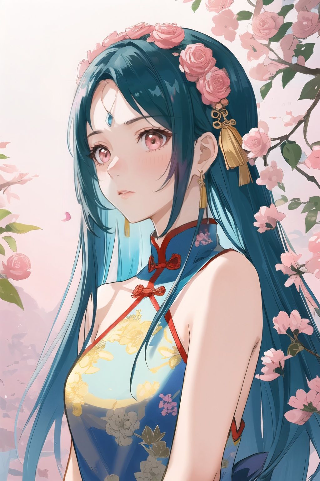 (bare shoulders:0.85),((Glowing ambiance, enchanting radiance, luminous lighting, ethereal atmosphere, mesmerizing glow, evocative hues, captivating coloration, dramatic lighting, enchanting aura)),1girl,masterpiece,best quality,1girl,(upper body:1.2),(1 Chinese patterns in the middle of the girl's forehead),girl with a weak temperament,,(epic cinematic),soft nature lights,rim light,absurd,amazing,funny,itricate,hyper detailed,pink flowers,soft colors,