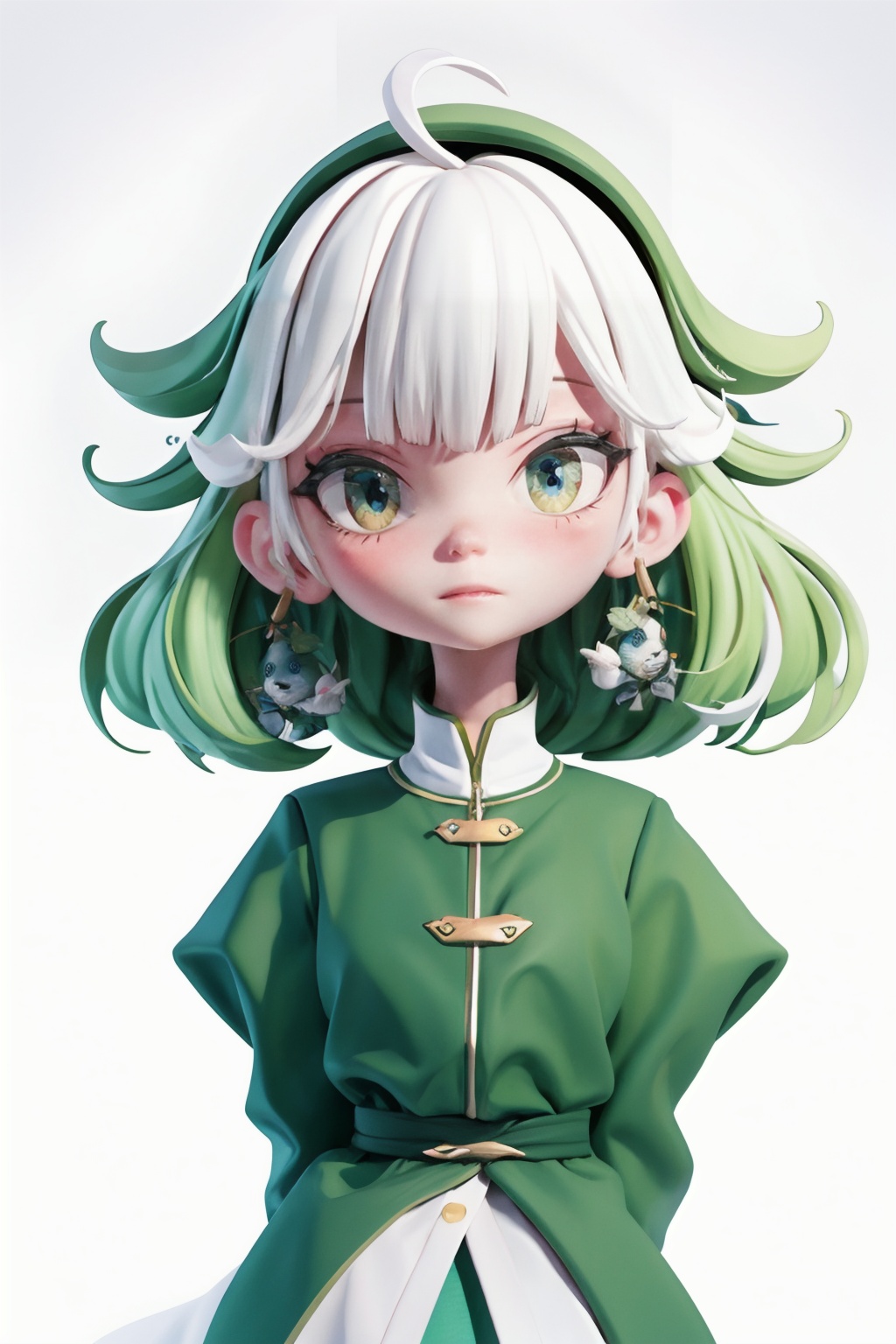  blunt bangs, masterpiece, best quality, best illustration, ultra-detailed, upper body, solo, 1 girl, looking at viewer, upright, arms at sides, beautiful detailed eyes, concept art, white background, simple background, white hair, green gradient hair, expressionless, blush, virtual youtuber, short hair,blonde hair, monkren