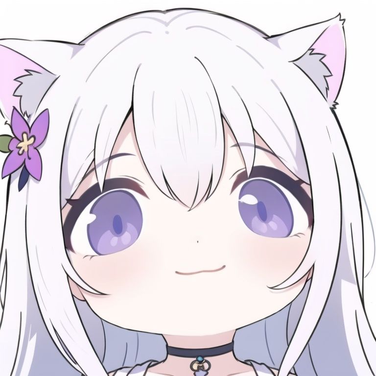zhubi_bighead,cleavage,(cat ears),1girl,solo,looking at viewer,flower,white bikini,long hair,bangs,closed mouth,simple background,white background,white hair,hair intakes,purple eyes,expressionless,eyelashes,best quality,smile,White cat ears,<lora:big_face:0.7>,