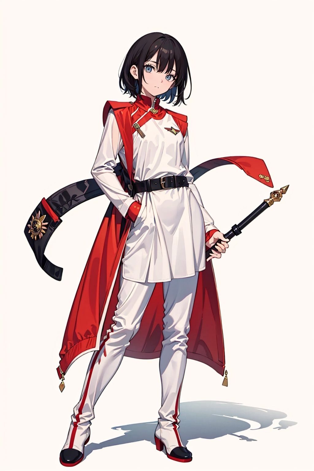 (masterpiece:1.3),  (the best quality:1.2),  (super fine illustrations:1.2),  (Masterpiece),  high quality,  high detail, ((white background:1.2)),  looking at viewer,  (SOLO:1.4), outline, , simple background, boots,  belt, ,  uniform,  military uniform, 