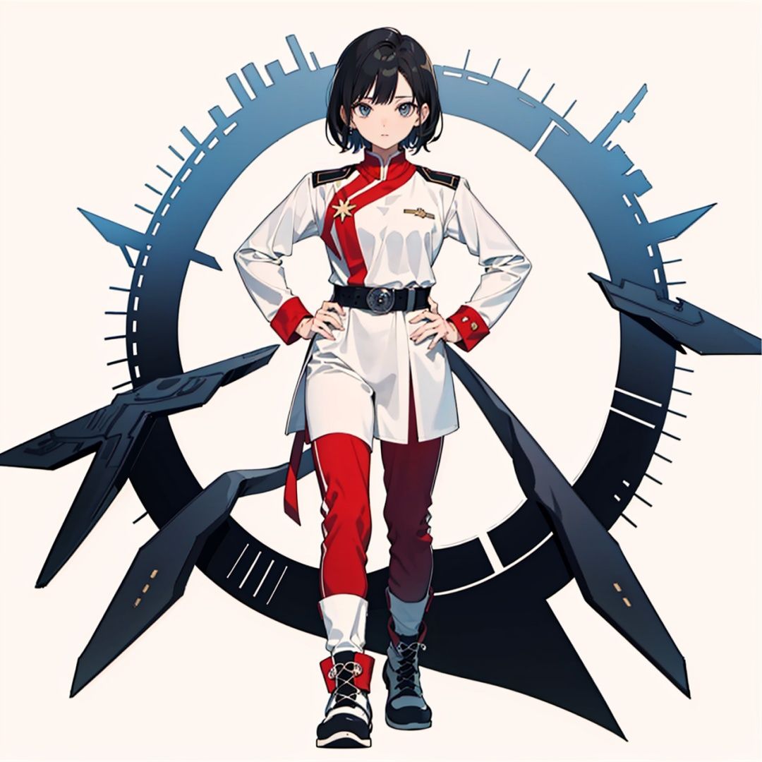 (masterpiece:1.3), (the best quality:1.2), (super fine illustrations:1.2), (Masterpiece), high quality, high detail,((white background:1.2)), looking at viewer, (SOLO:1.4),outline,,simple background,boots, belt, military uniform, uniform