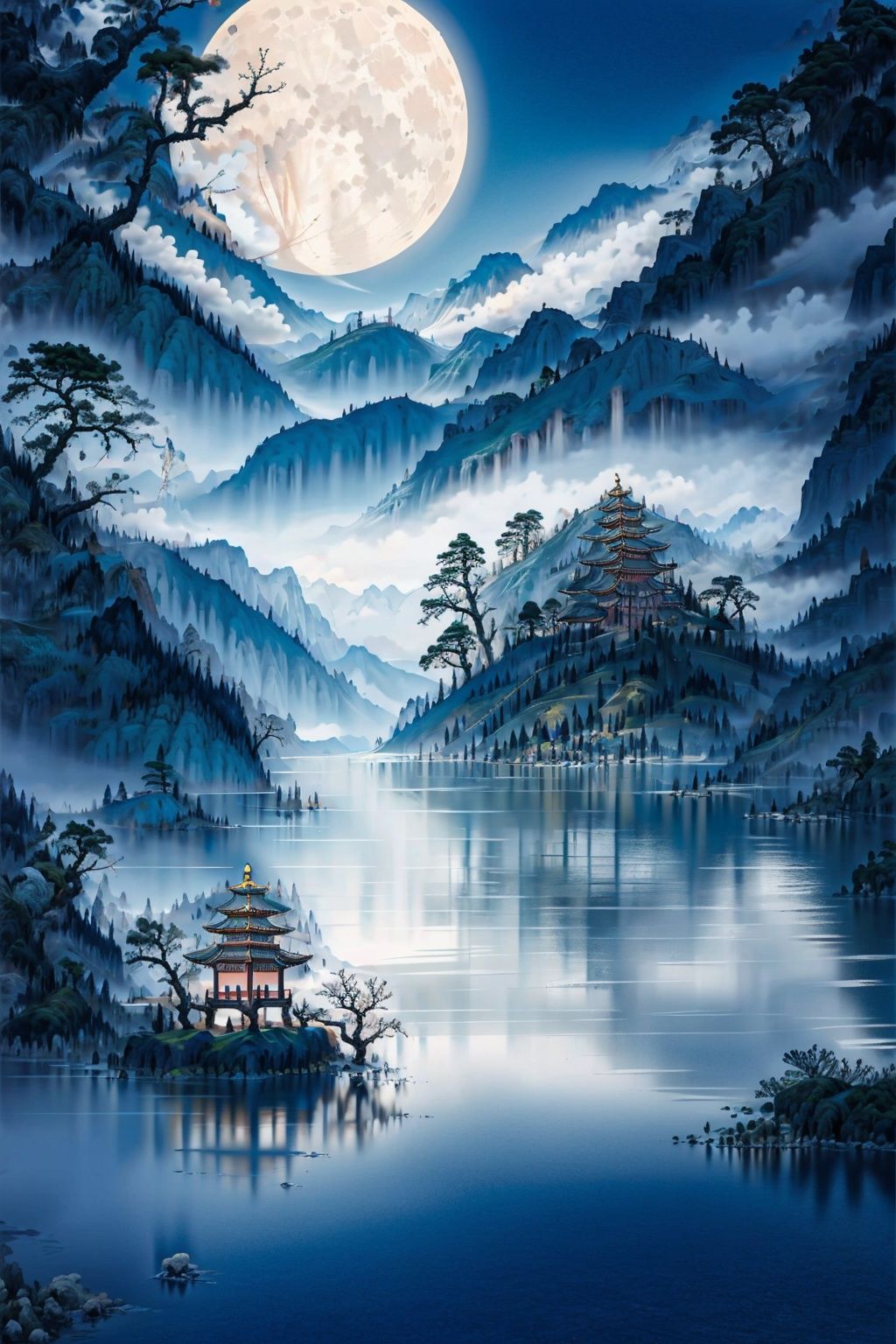 Best,quality,16k,cg,Ink peach tree,moon,mountain,pavilion