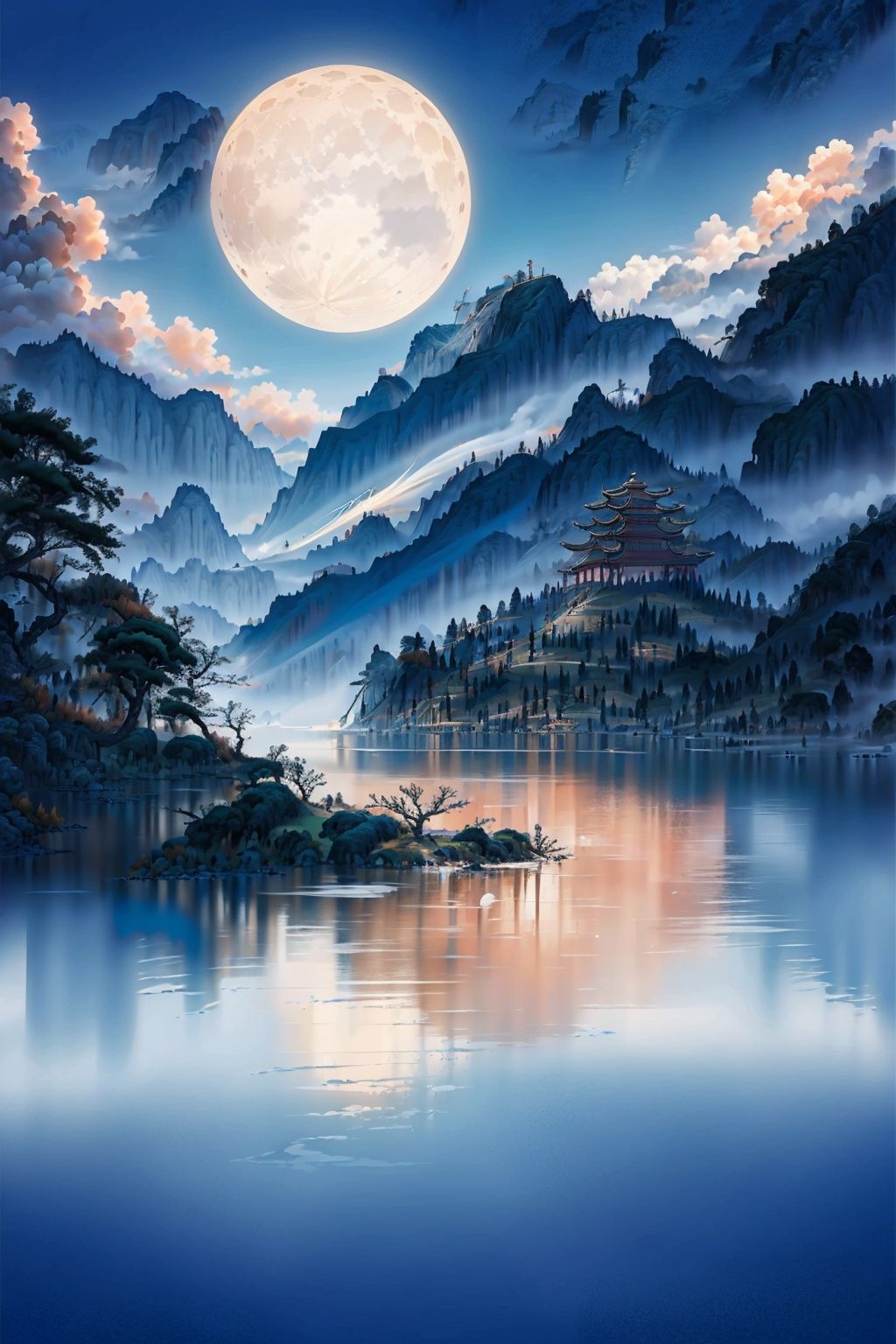 Best,quality,16k,cg,Ink peach tree,moon,mountain,pavilion