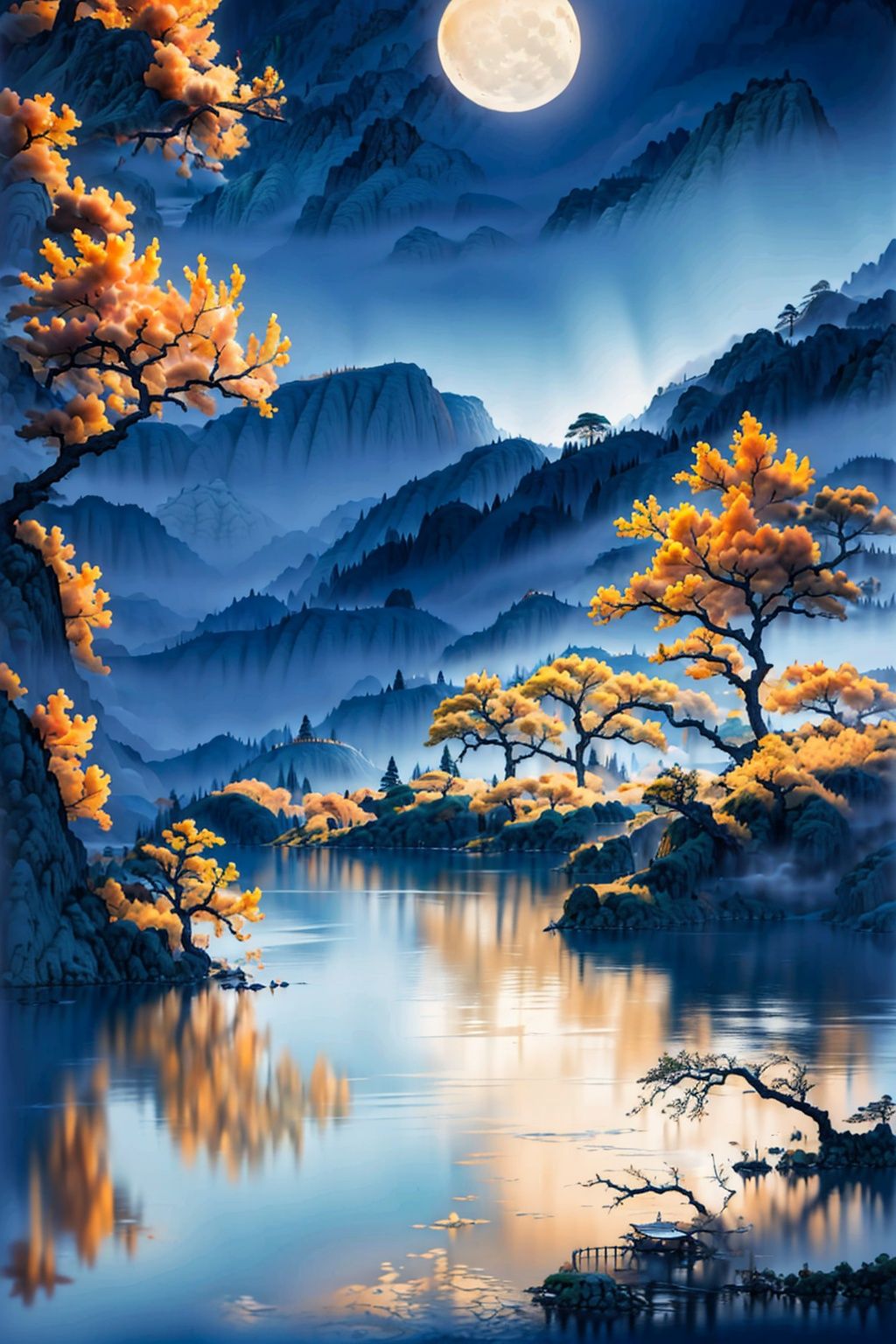 Best,quality,16k,cg,Ink peach tree,moon,mountain,pavilion