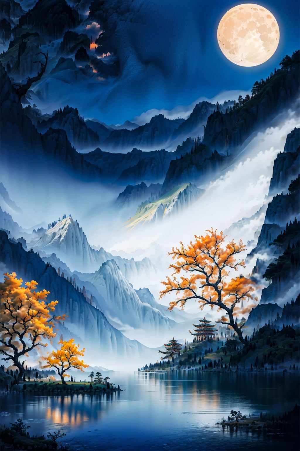 Best,quality,16k,cg,Ink peach tree,moon,mountain,