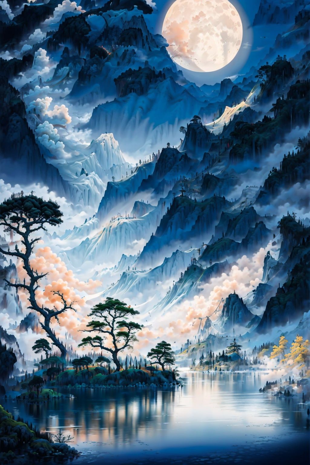 Best,quality,16k,cg,Ink peach tree,moon,mountain,