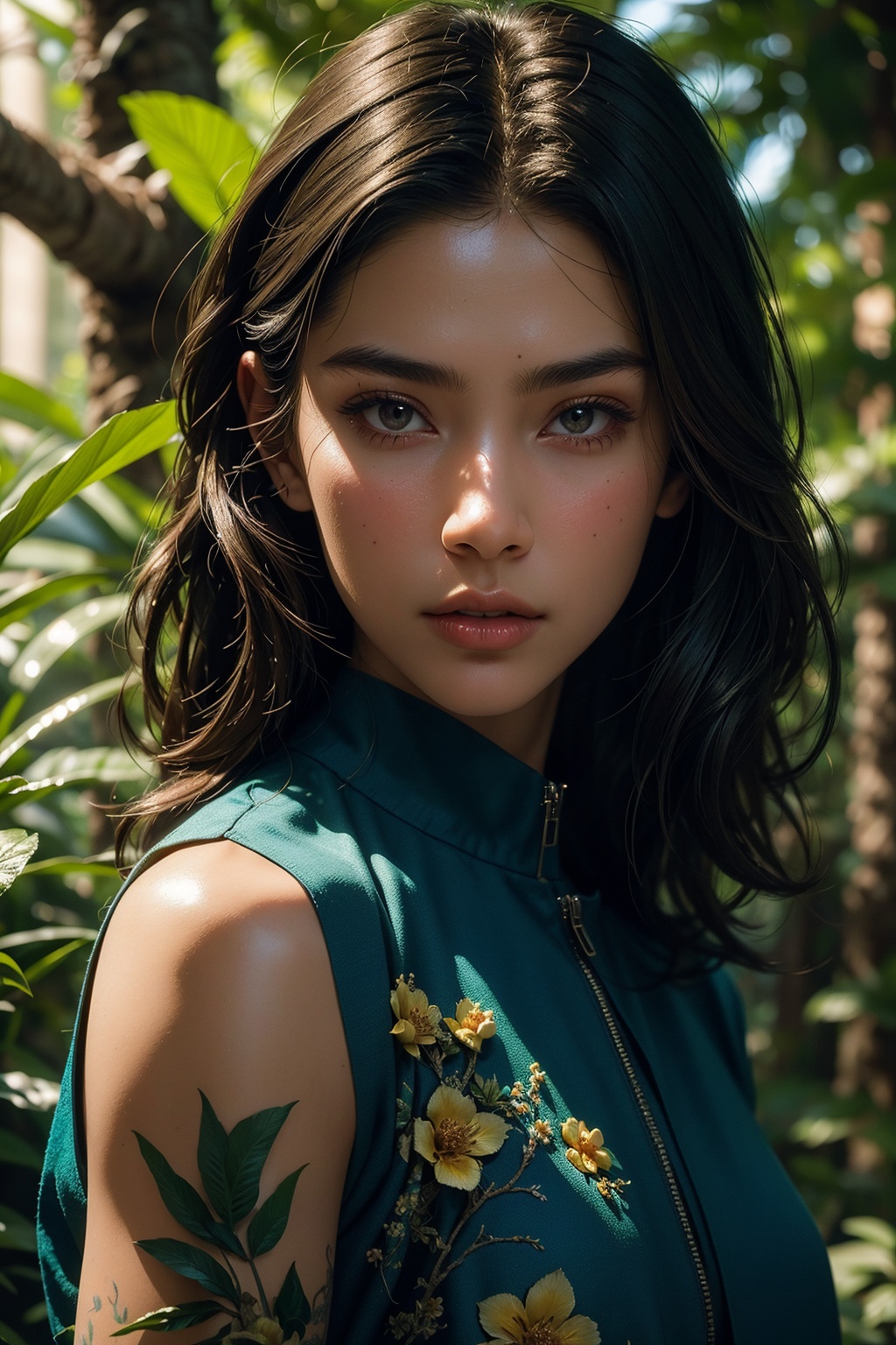 fashion photography portrait of blue human avatar,  in blue lush jungle with flowers and birds,  3d render on Tensor.Art
