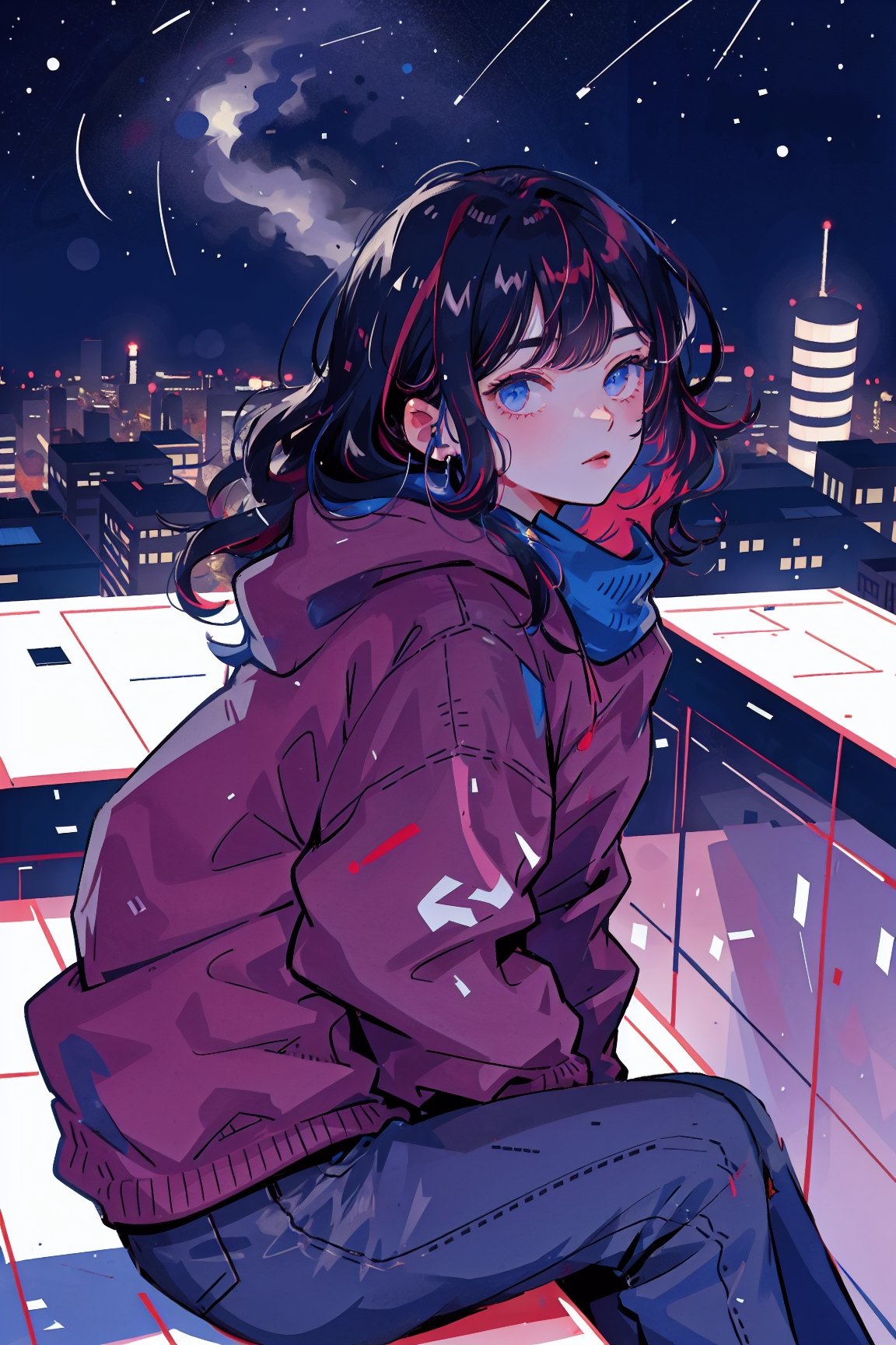 A girl sits on the rooftop,  gazing up at the starry sky. The photograph captures only her silhouette,  concealing her fac...
