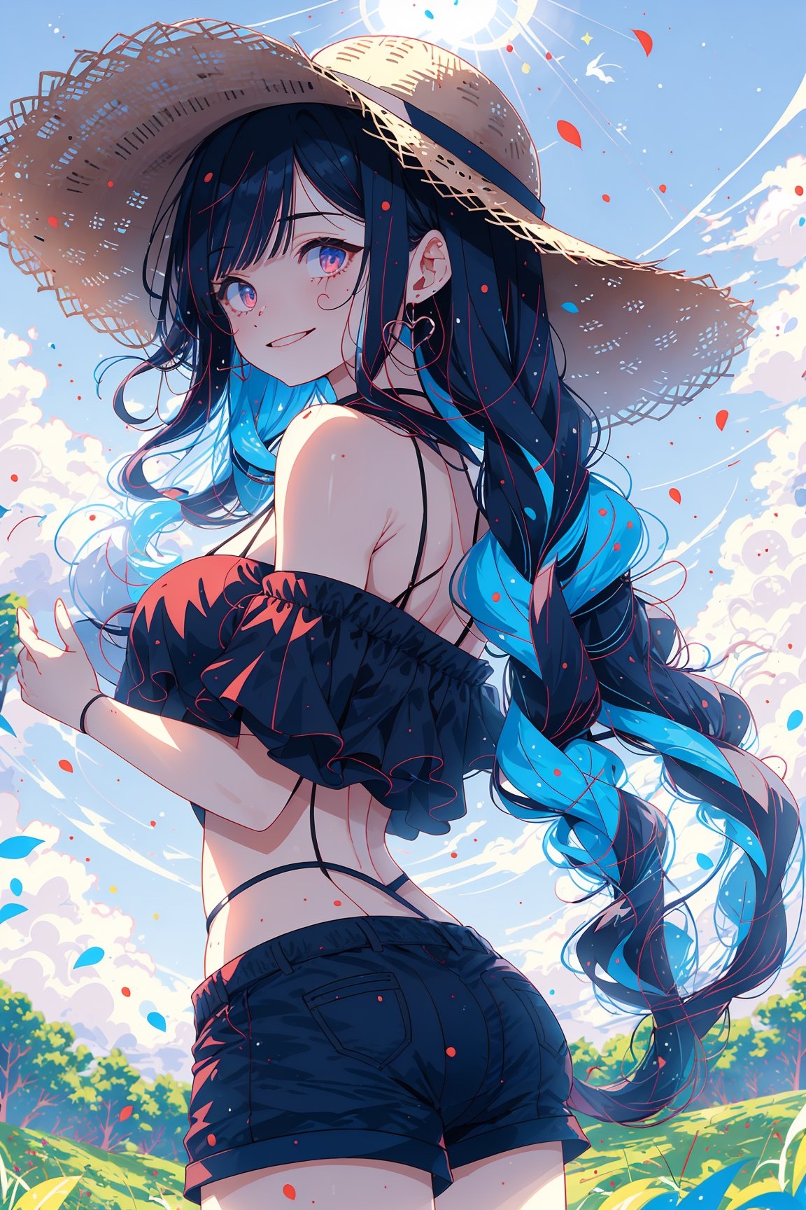 The features a countryside girl standing amidst of . The are bathed in the intense ,  creating a dazzling that contrasts w...