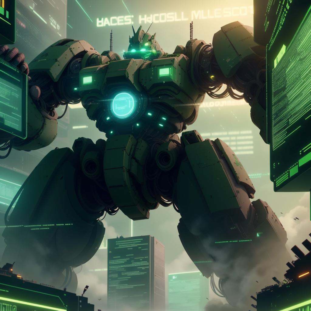<lora:HackedTech-20:0.9>, hackedtech , scifi,  cyberpunk ,  data stream , pixelated,    green hues ,colossal battle mech, , destruction, from below, database city 