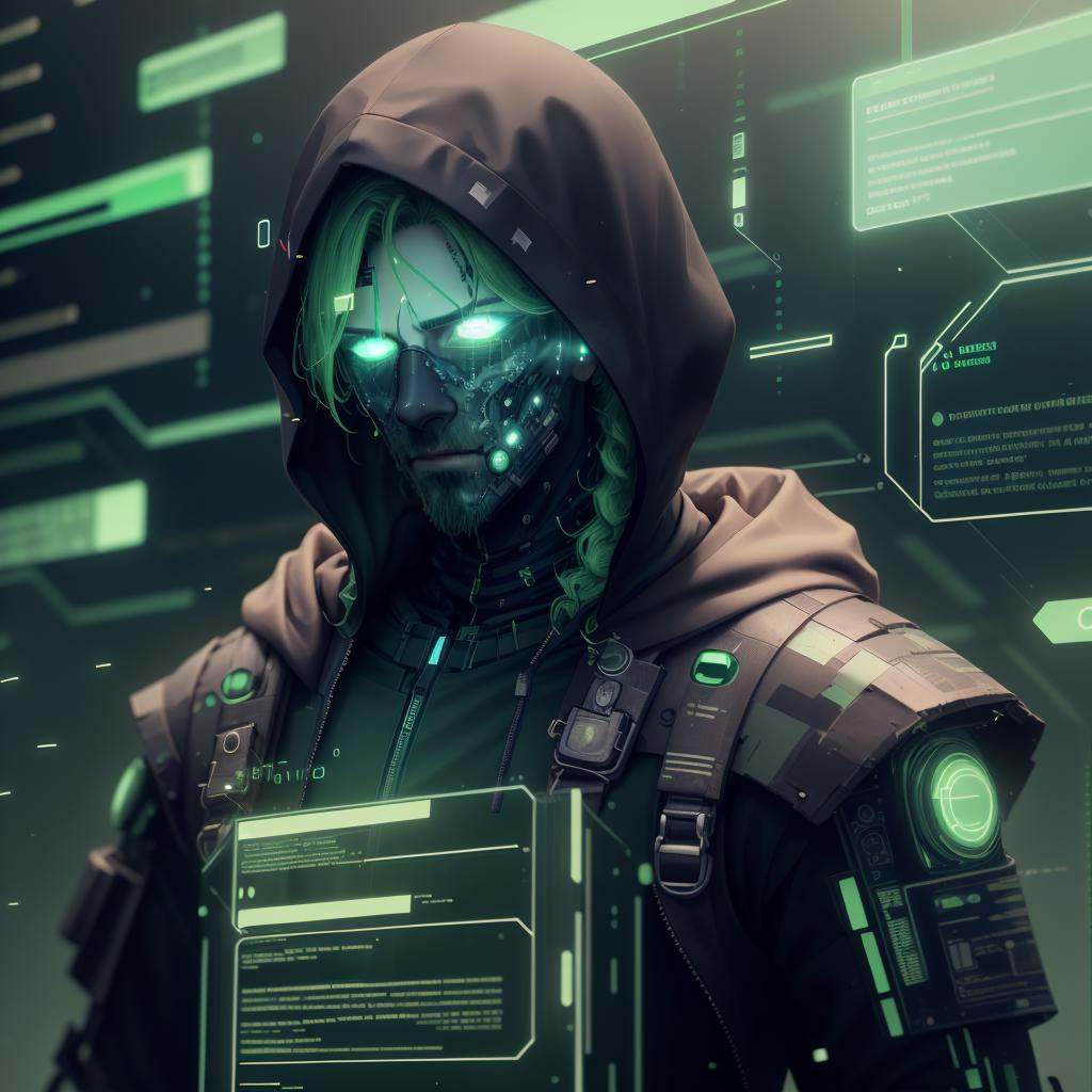 <lora:HackedTech-20:0.9>, hackedtech , scifi,  cyberpunk ,  data stream , pixelated,    green hues , 1boy, glowing hair , long hair, 