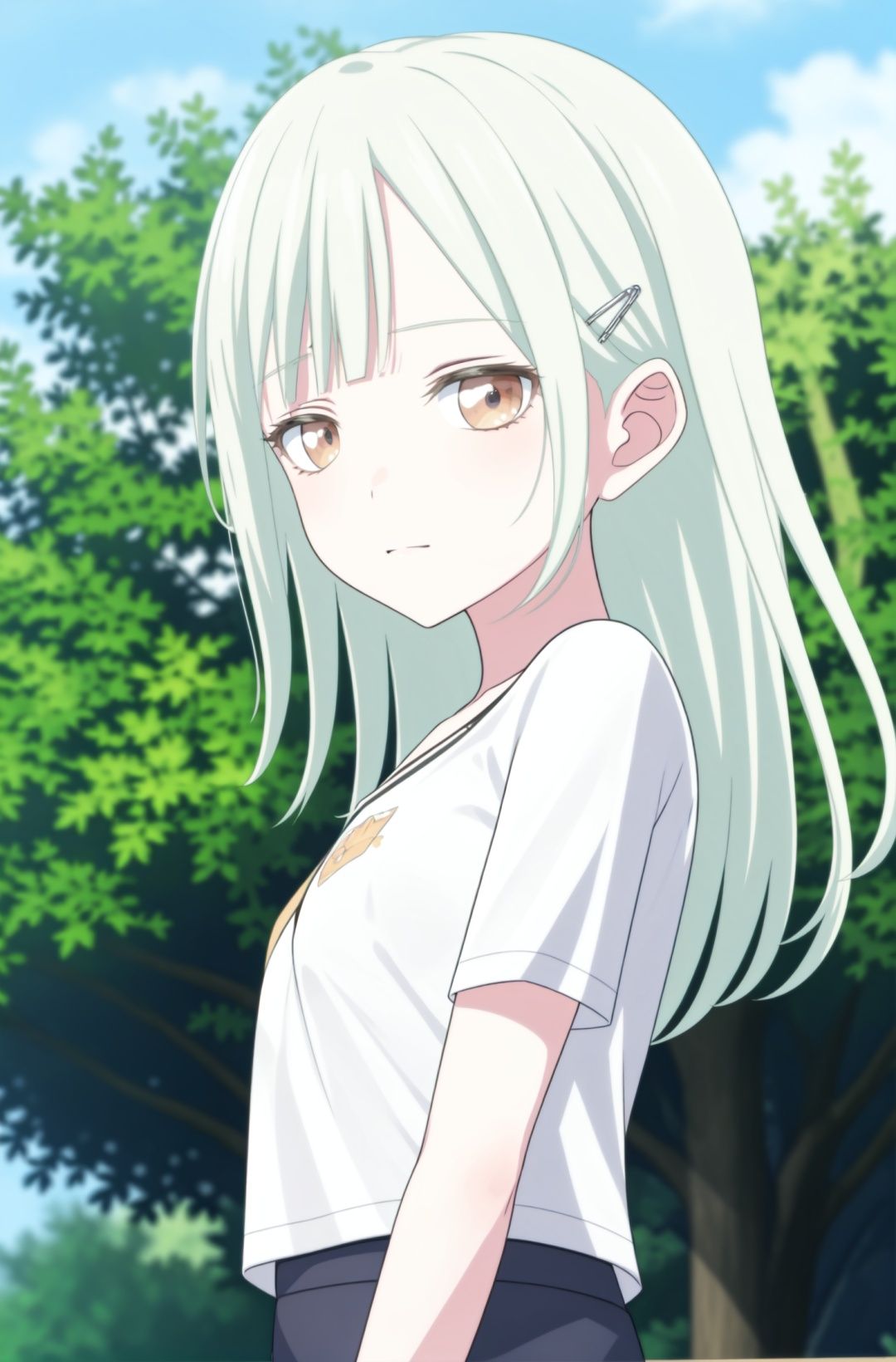 half-closed eye，hairpin，masterpiece, best quality, (((small breasts))),t-shirt