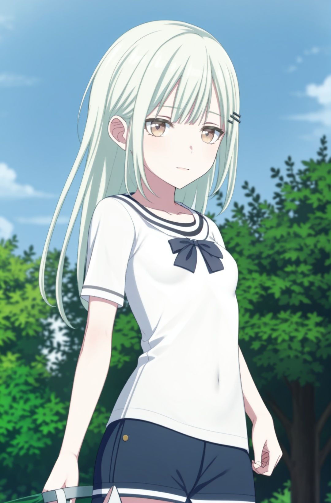 half-closed eye，hairpin，masterpiece, best quality, (((small breasts))),t-shirt