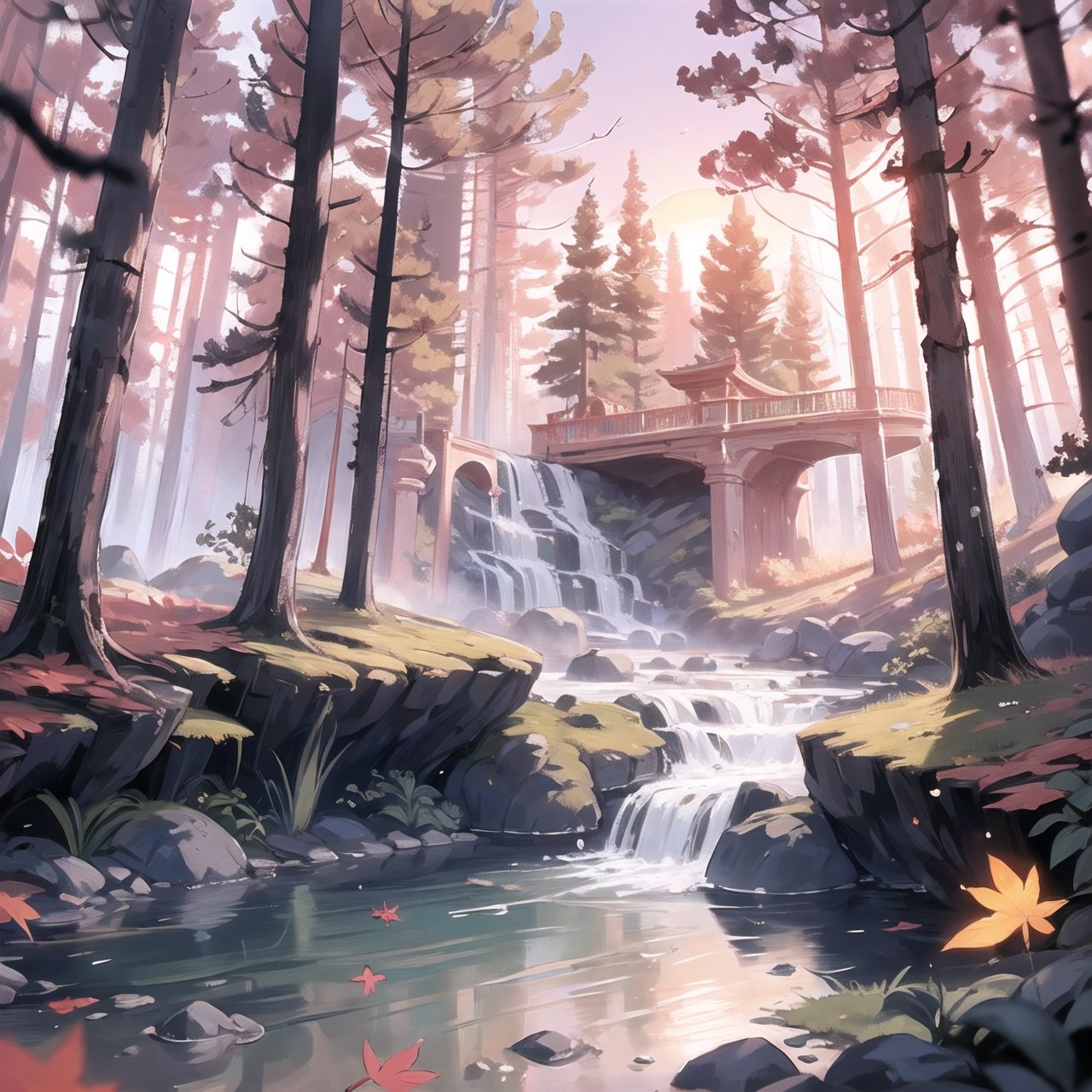 centered, photography, raw photo, | sunset cozy forest, trees, leaf, river, riverflow, rock path, | aesthetic vibe, sunset ilumination, blue and pink color shade, | bokeh, depth of field, ,wrench_elven_arch