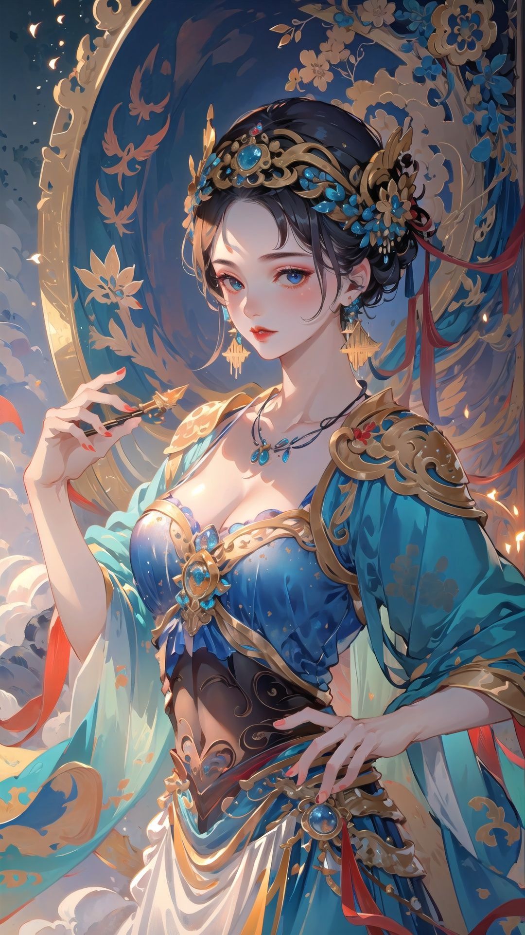 (((masterpiece))), ((extremely detailed CG unity 8k wallpaper)), best quality, high resolution illustration, Amazing, highres, intricate detail, (best illumination, best shadow, an extremely delicate and beautiful),

qiuyinong, myth,fairy,1girl, jewelry, solo, earrings, necklace, red lips, black hair, makeup, upper body, hair ornament, looking at viewer, chinese clothes, lipstick