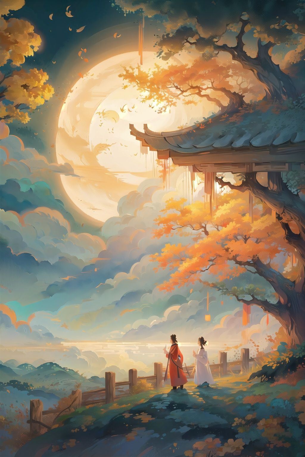 (((masterpiece))), ((extremely detailed CG unity 8k wallpaper)),(best illumination, best shadow, an extremely delicate and beautiful),(mid autumn Festival),qiuyinong, moon, tree, full moon, sky, cloud, scenery, outdoors, night