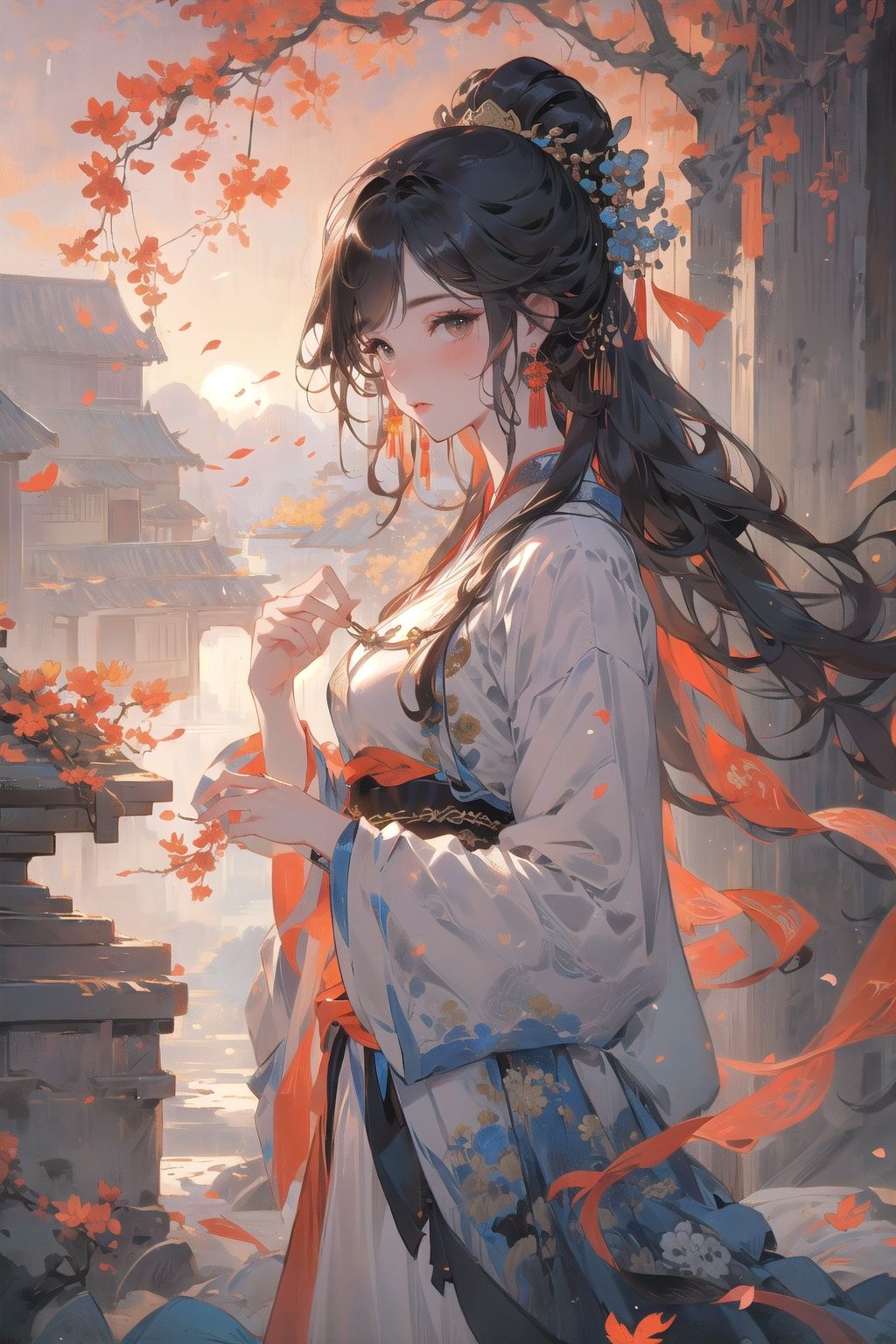  1girl,long hair, trees,blossoms,hanfu, brown hair, ribbon,chinese clothes, looking at viewer, tassel, earrings, wide sleeves, jewelry, standing, long sleeves, eye_shadow,brown eyes, bangs,cute girl,qiuyinong,
 (((masterpiece))), ((extremely detailed CG unity 8k wallpaper)), best quality, high resolution illustration, Amazing, highres, intricate detail, (best illumination, best shadow, an extremely delicate and beautiful),Chinese ink painting,ink wash painting