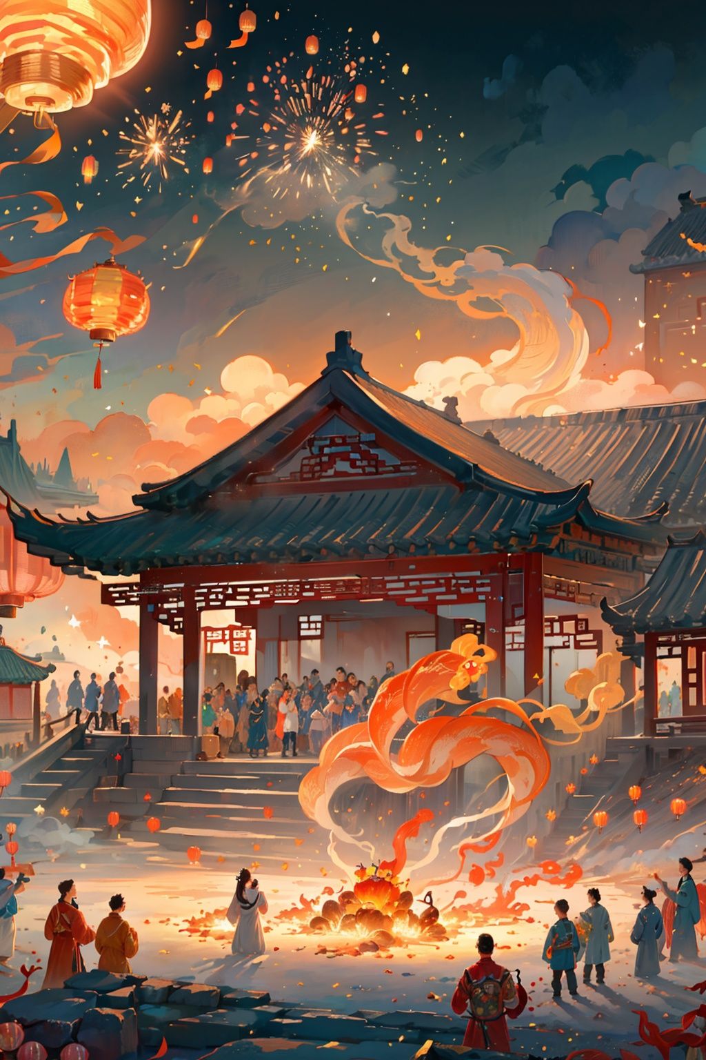 (((masterpiece))), ((extremely detailed CG unity 8k wallpaper)),(best illumination, best shadow, an extremely delicate and beautiful),(spring Festival), ((traditional Chinese decorations, red lanterns)),  1 girl playing, ((Chinese new year)),fire crackers,((beautiful fire works fills the sky)),warm light,many people,crowds,fire clouds,