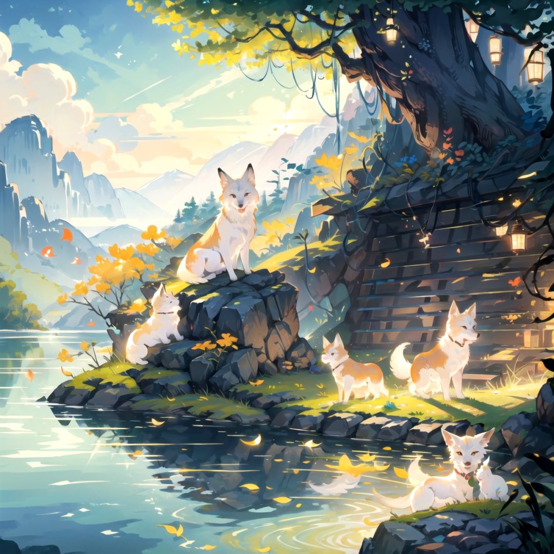  (((masterpiece))), ((extremely detailed CG unity 8k wallpaper)), best quality, high resolution illustration, Amazing, highres, intricate detail, (best illumination, best shadow, an extremely delicate and beautiful),

qiuyinong, a beautiful white fox on a stone,no humans, scenery, water, lake, wave,detailed water reflecting trees,floating pedals,close up, focus on lake,flower,chinese style,acient chinese