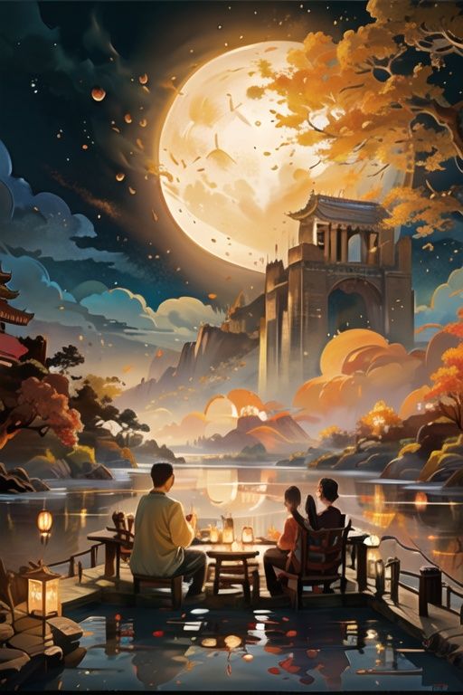 masterpiece,high quality,highres,detailed,masterpiece,wallpaper,Mid-Autumn Festival,qiuyinong,moon, cloud, sky, scenery, water, multiple boys, tree, sitting, full moon, night, river, reflection, outdoors, fireflies, japanese clothes, bridge, family,<lora:qiuyinong-000010:0.8>,