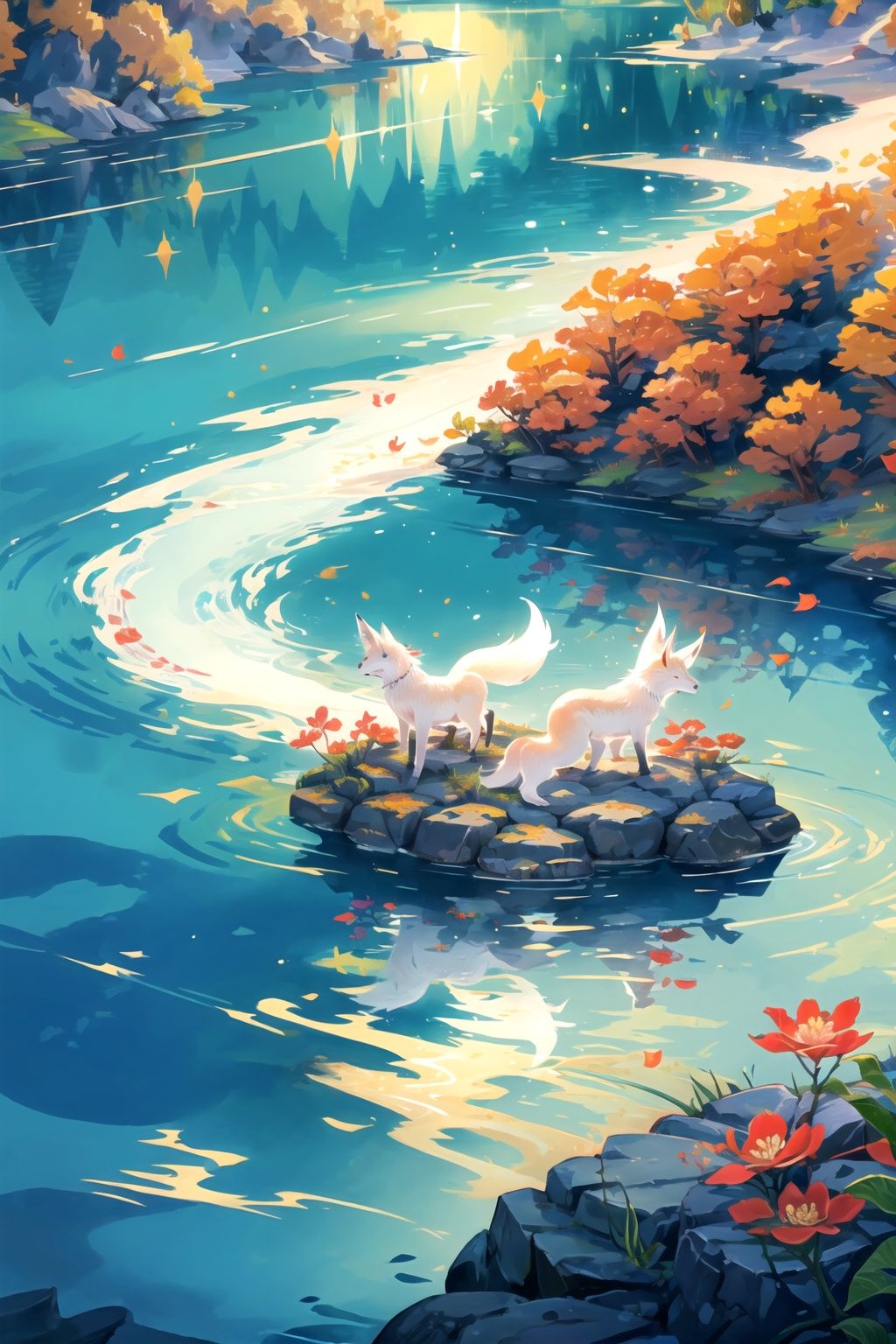  (((masterpiece))), ((extremely detailed CG unity 8k wallpaper)), best quality, high resolution illustration, Amazing, highres, intricate detail, (best illumination, best shadow, an extremely delicate and beautiful),

qiuyinong, ((a beautiful white fox on a stone)),only one fox,red eyeshadow,monster,no humans, scenery, water, lake, wave,detailed water reflecting trees,floating pedals,close up, focus on lake,flower,chinese style,acient chinese