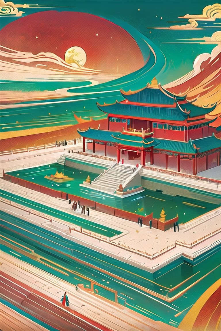 flat illustration,Chinese palace,gold, red,retrostrong contrast