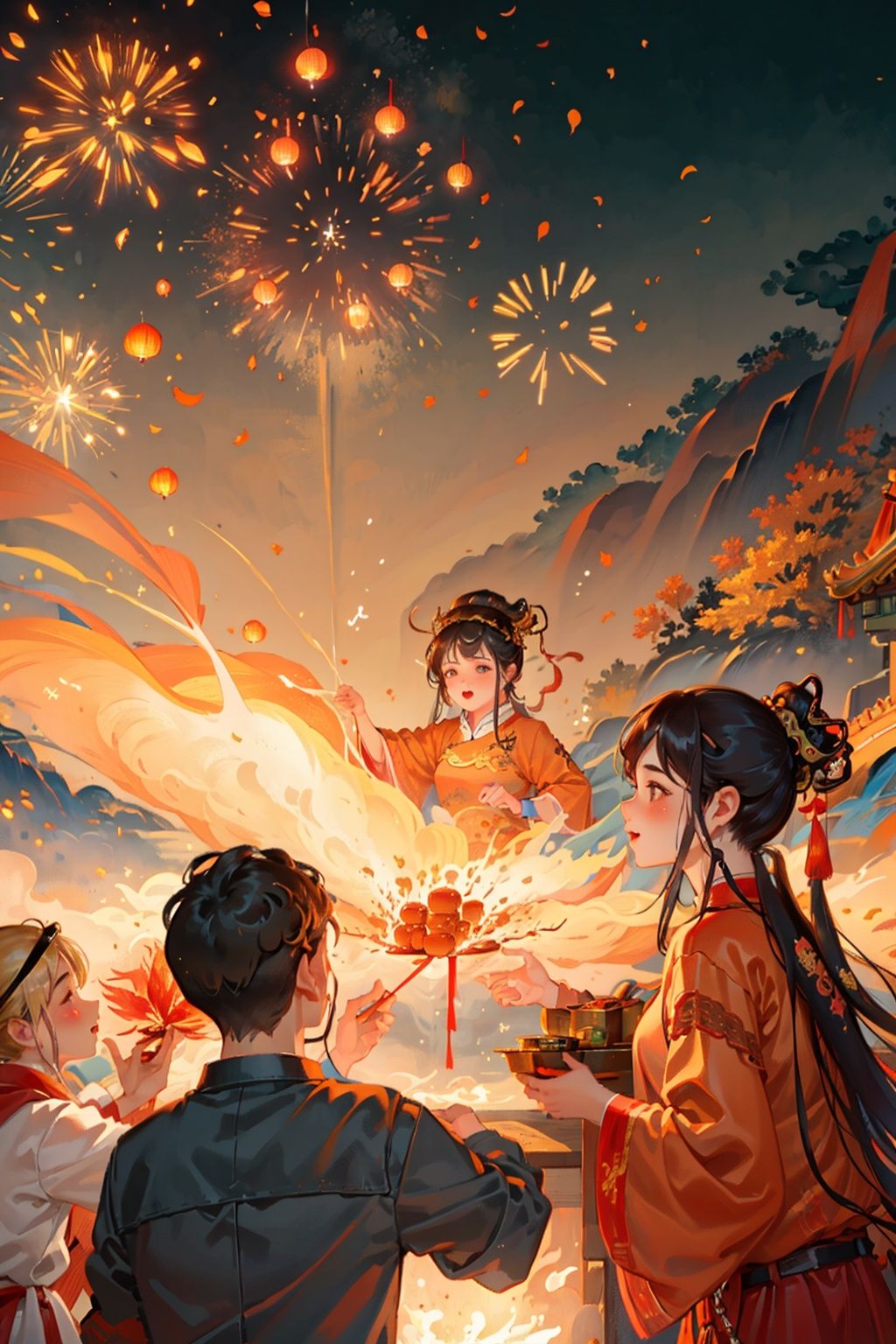 (((masterpiece))), ((extremely detailed CG unity 8k wallpaper)),(best illumination, best shadow, an extremely delicate and beautiful),(spring Festival), ((red traditional Chinese decorations)), red lanterns,1girl and her family, auspicious couplets,  firecrackers, family r,children playing, warm hugs, ((Chinese new year)),fire crackers,((beautiful fire works fills the sky)),warm light,many people,crowds,fire clouds