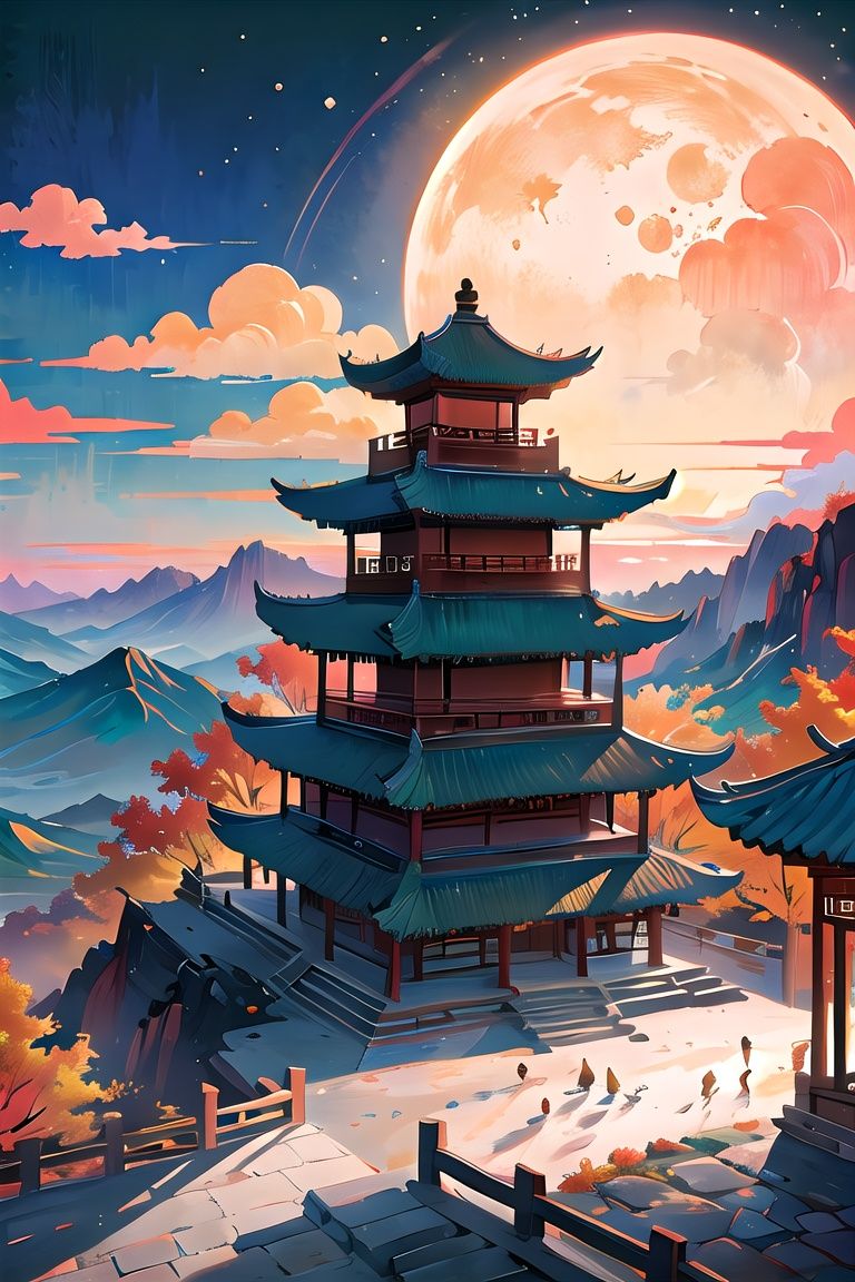 masterpiece,high quality,highres,detailed,masterpiece,wallpaper,Mid-Autumn Festival,qiuyinong,scenery,mountain,elaborate architecture,east asian architecture,outdoors,no humans,bird,sky,sunset,cloud,pagoda